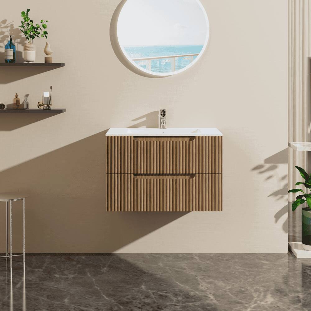 Alt View 2. Kadyn - 30" Wall-Mounted Floating Bathroom Vanity Cabinet - Sink Combo, Soft-Close System, 2 Extra Big Drawers, Walnut - Brown.