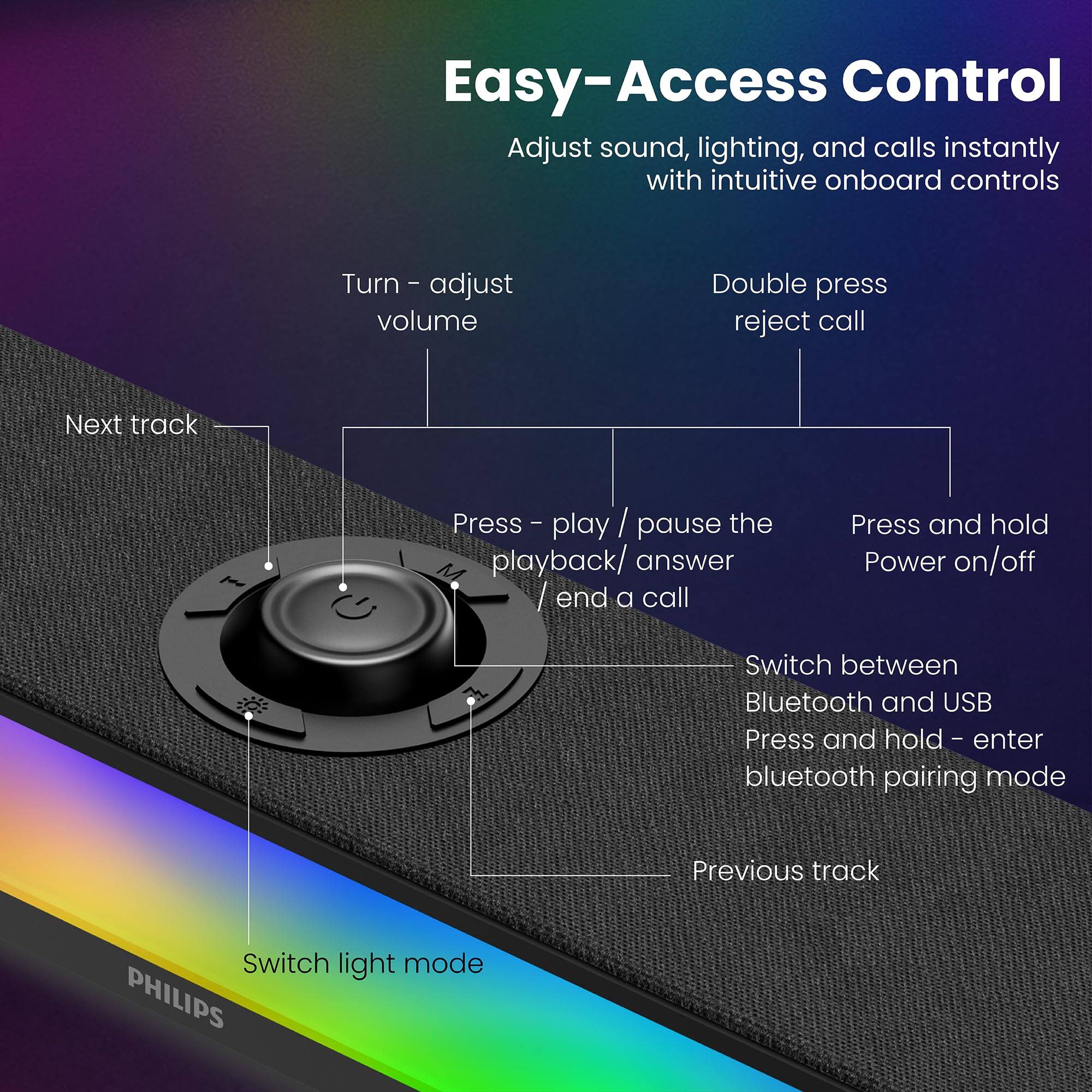 Easy-Access Control  
Adjust sound, lighting, and calls instantly with intuitive onboard controls

- Turn - adjust volume
- Double press reject call
- Press - play / pause the playback / answer / end a call
- Press and hold Power on/off
- Switch between Bluetooth and USB
- Press and hold - enter bluetooth pairing mode
- Previous track
- Switch light mode

PHILIPS