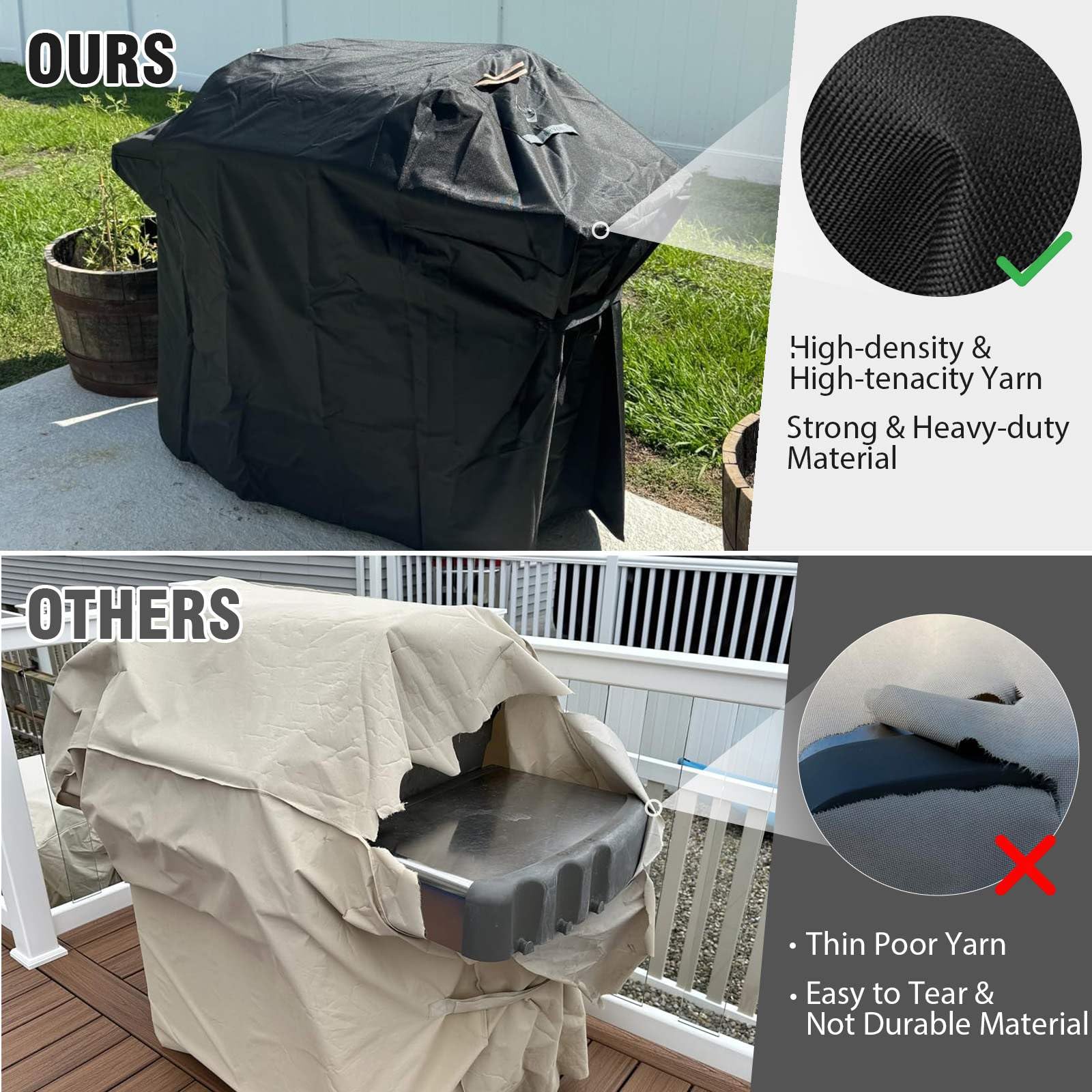 **OURS**

- High-density & High-tenacity Yarn
- Strong & Heavy-duty Material

**OTHERS**

- Thin Poor Yarn
- Easy to Tear & Not Durable Material