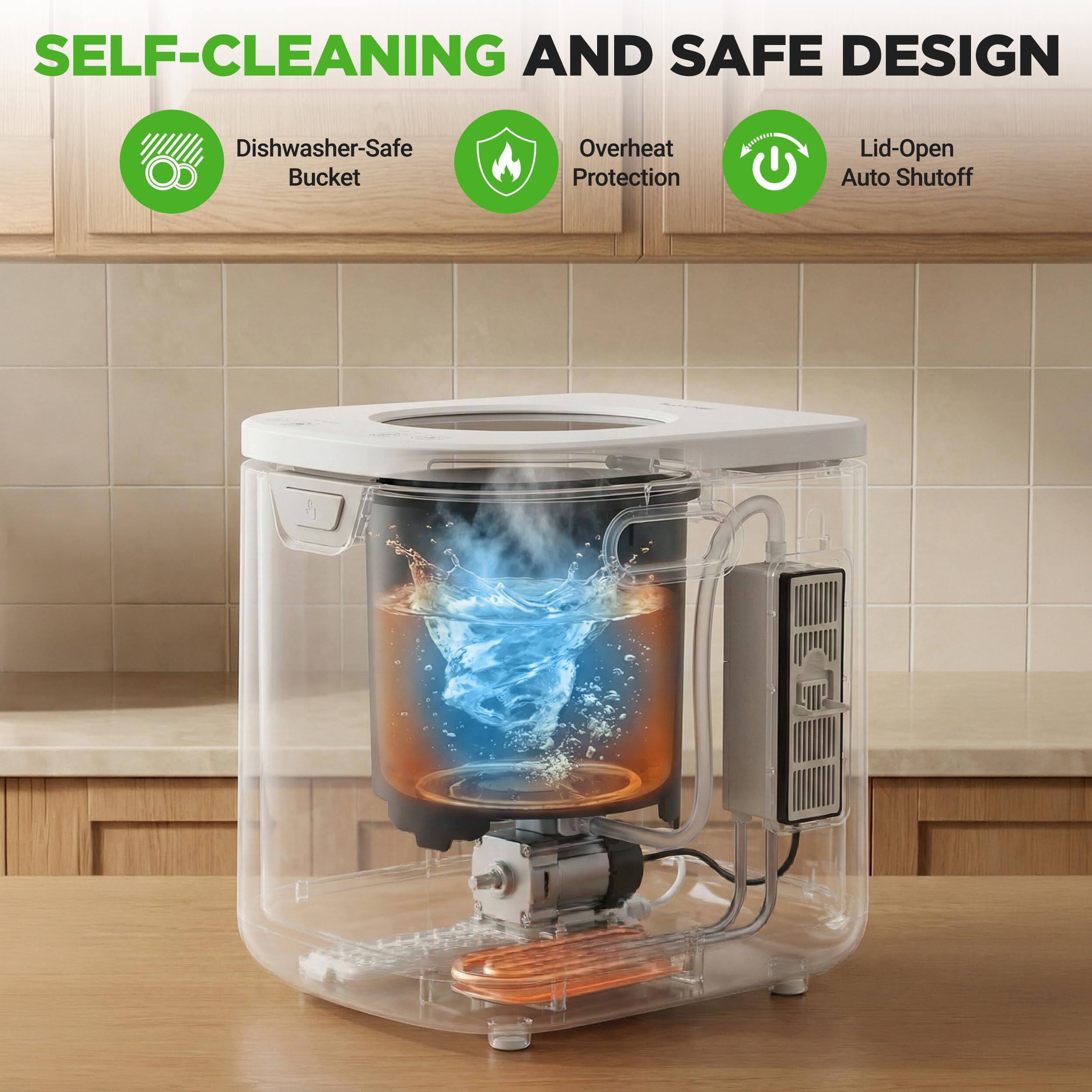SELF-CLEANING AND SAFE DESIGN

- Dishwasher-Safe Bucket
- Overheat Protection
- Lid-Open Auto Shutoff