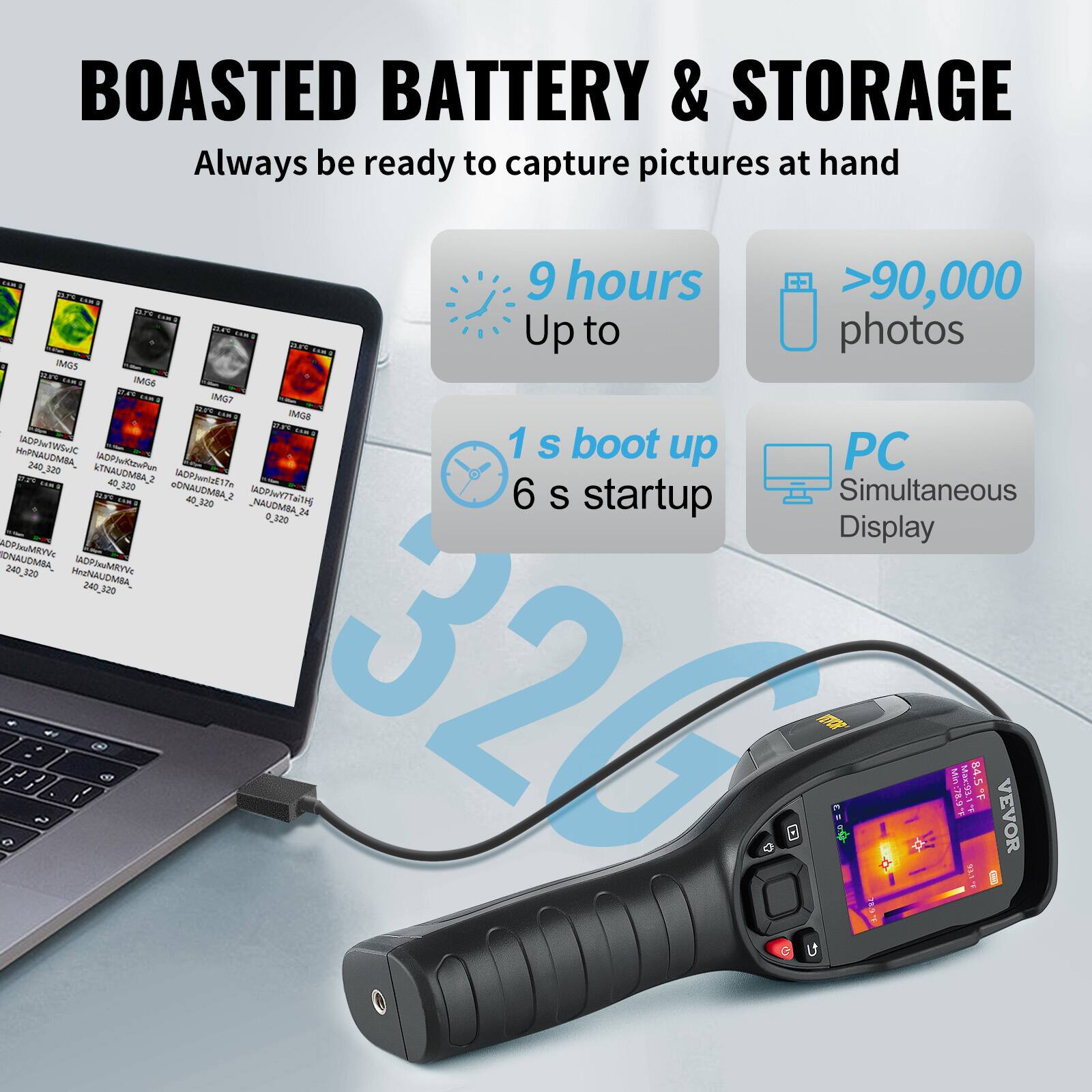 BOASTED BATTERY & STORAGE  
Always be ready to capture pictures at hand

- Up to 9 hours
- >90,000 photos
- 1 s boot up
- 6 s startup
- PC Simultaneous Display
