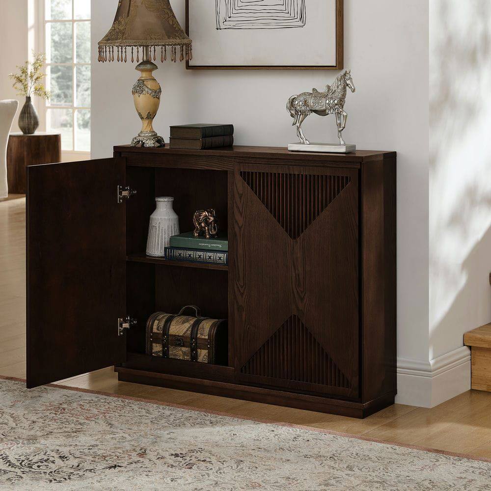 Angle. Kadyn - Mid-Century V-Shape Narrow Sideboard and Storage Cabinet - Dark Walnut - Brown.