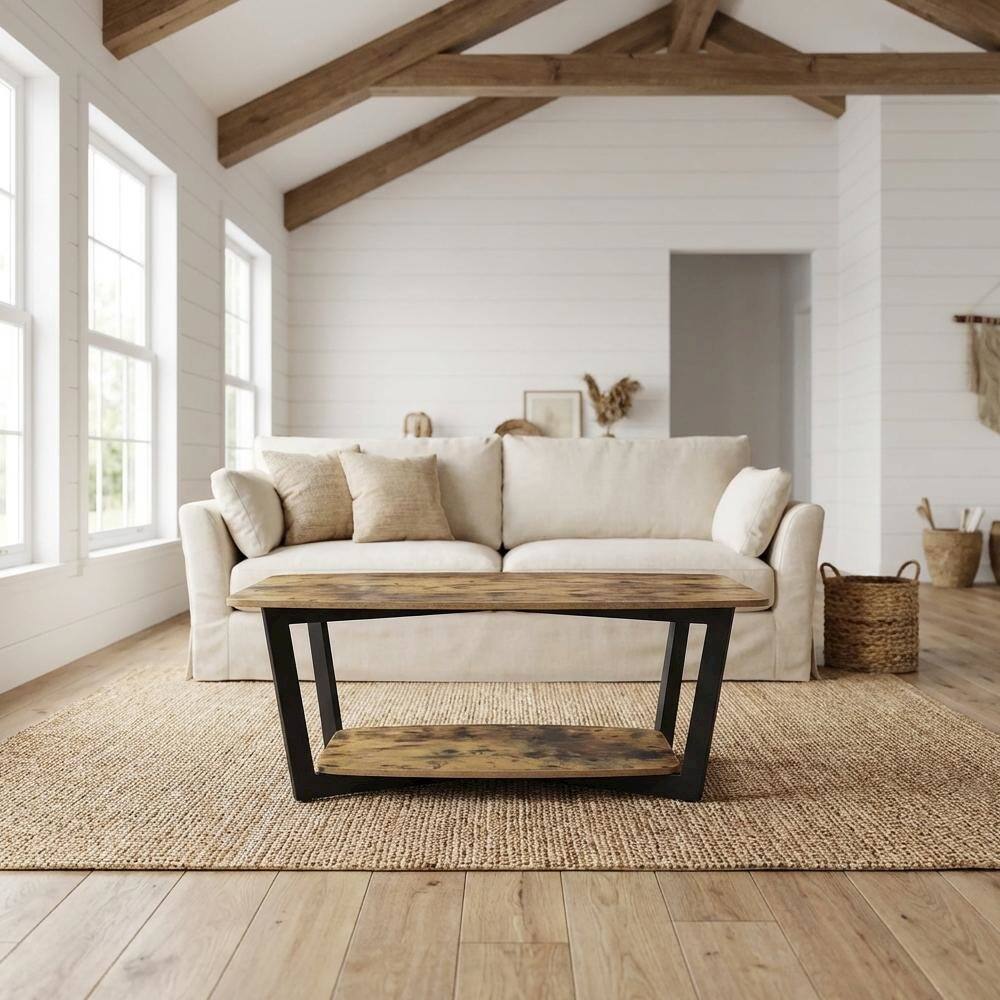 Left. FurniFact - Barnwood Black Coffee Table with Shelf and Sturdy Frame for Living Room - Barnwood.