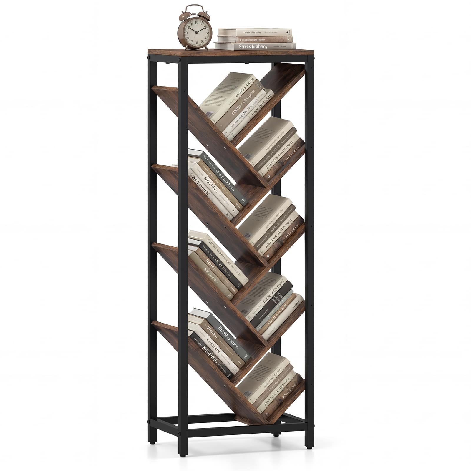 Costway - Tree Bookshelf 9-Tier Freestanding Bookcase Corner Narrow Display Shelf for Home - Rustic Brown & Black