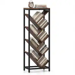 Costway - Tree Bookshelf 9-Tier Freestanding Bookcase Corner Narrow Display Shelf for Home - Rustic Brown & Black