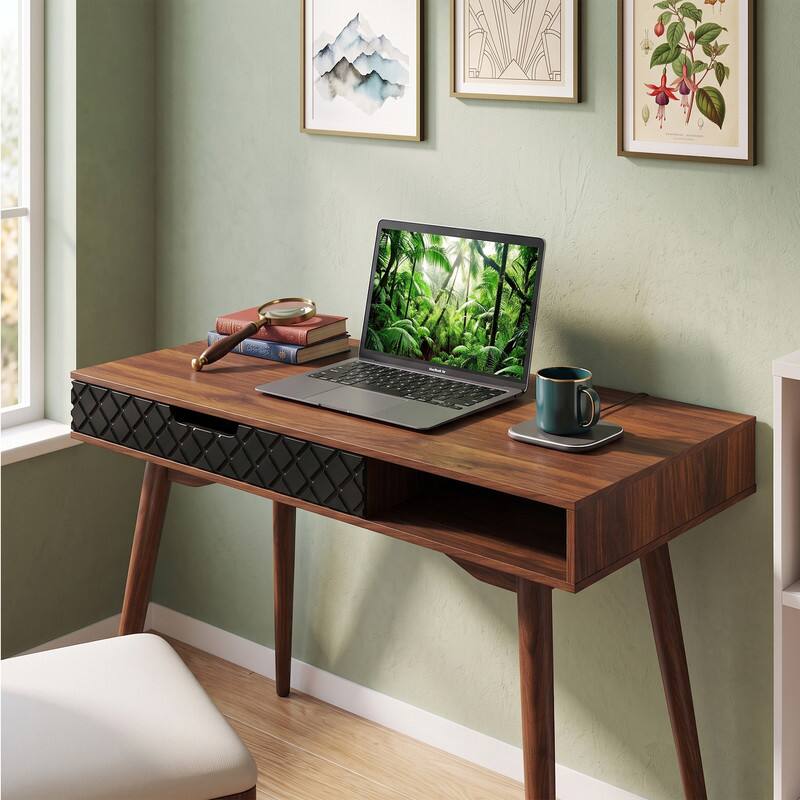 Angle. WELLFOR - 42.5" Modern Computer Desk with Drawer and Open Compartment, Laptop PC Work Table Writing Table for Small Spaces - Brown.