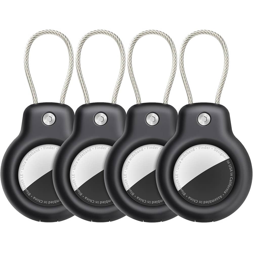 RTMB - AirTag Holder Case 4-Pack with Keychain – Metal Cable Lock Rings for Apple AirTag - Black