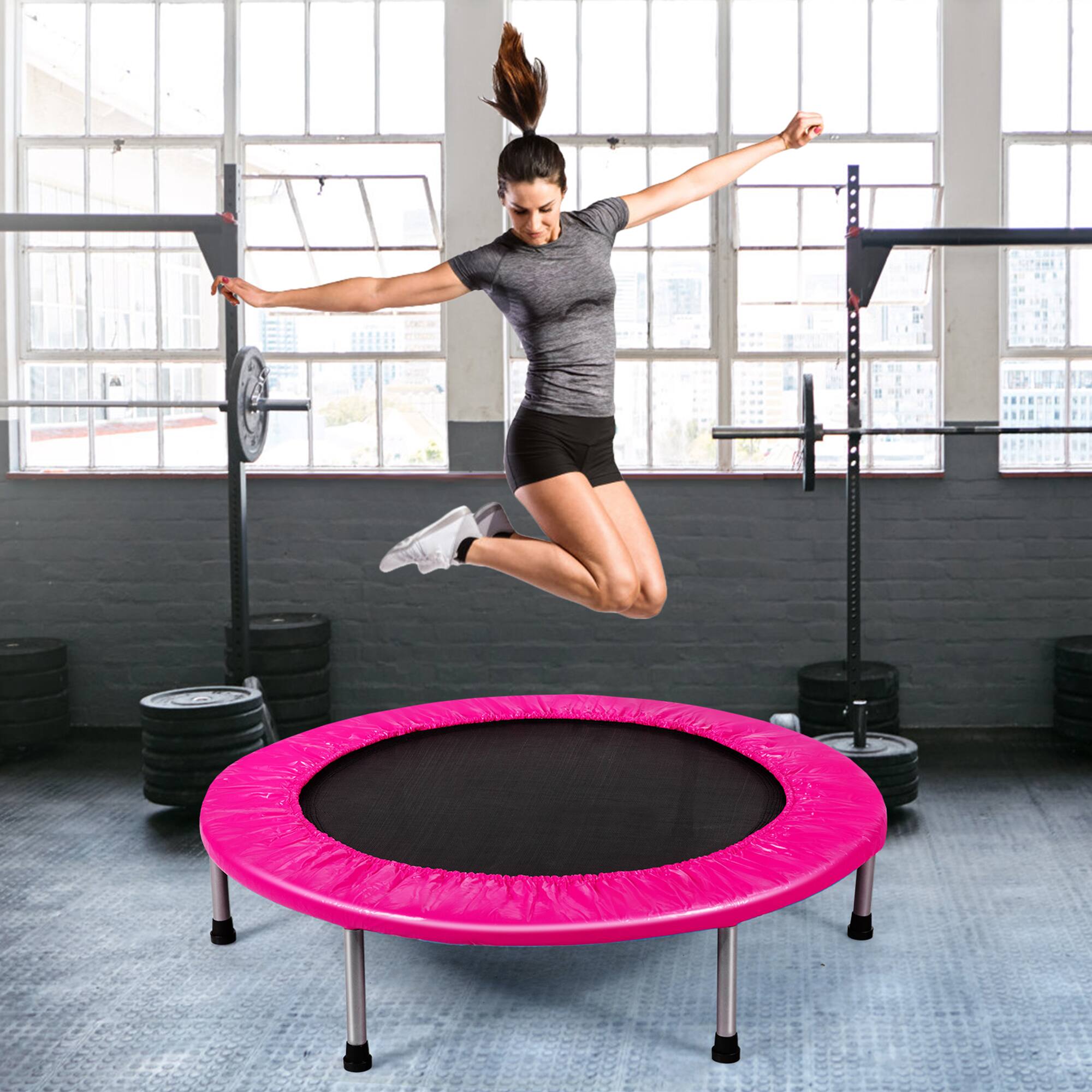 Alt View 2. Gymax - Gymax 38'' Folding Mini Trampoline Fitness Rebounder w/ Safety Pad Pink - Pink.