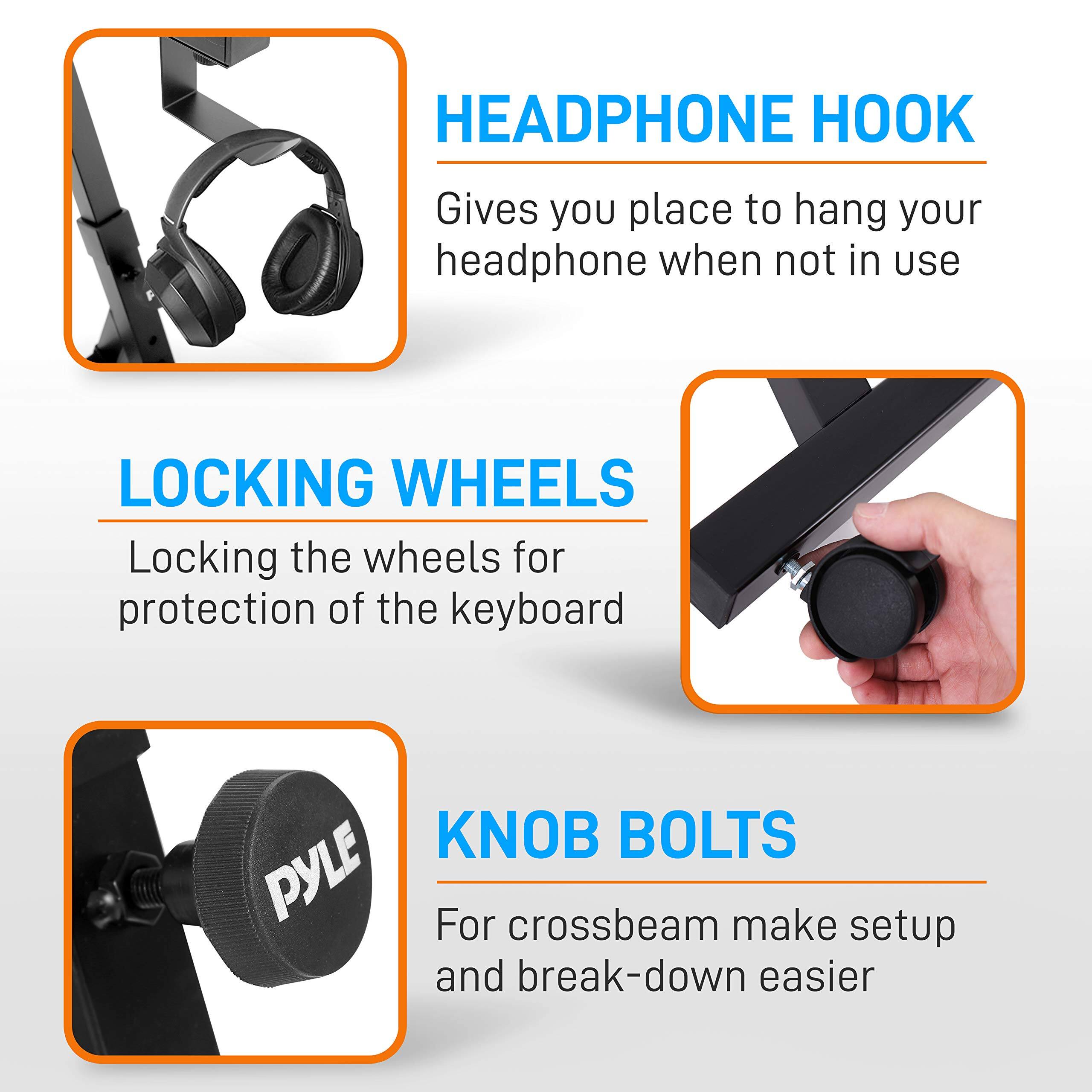 HEADPHONE HOOK  
Gives you place to hang your headphone when not in use  

LOCKING WHEELS  
Locking the wheels for protection of the keyboard  

KNOB BOLTS  
For crossbeam make setup and break-down easier