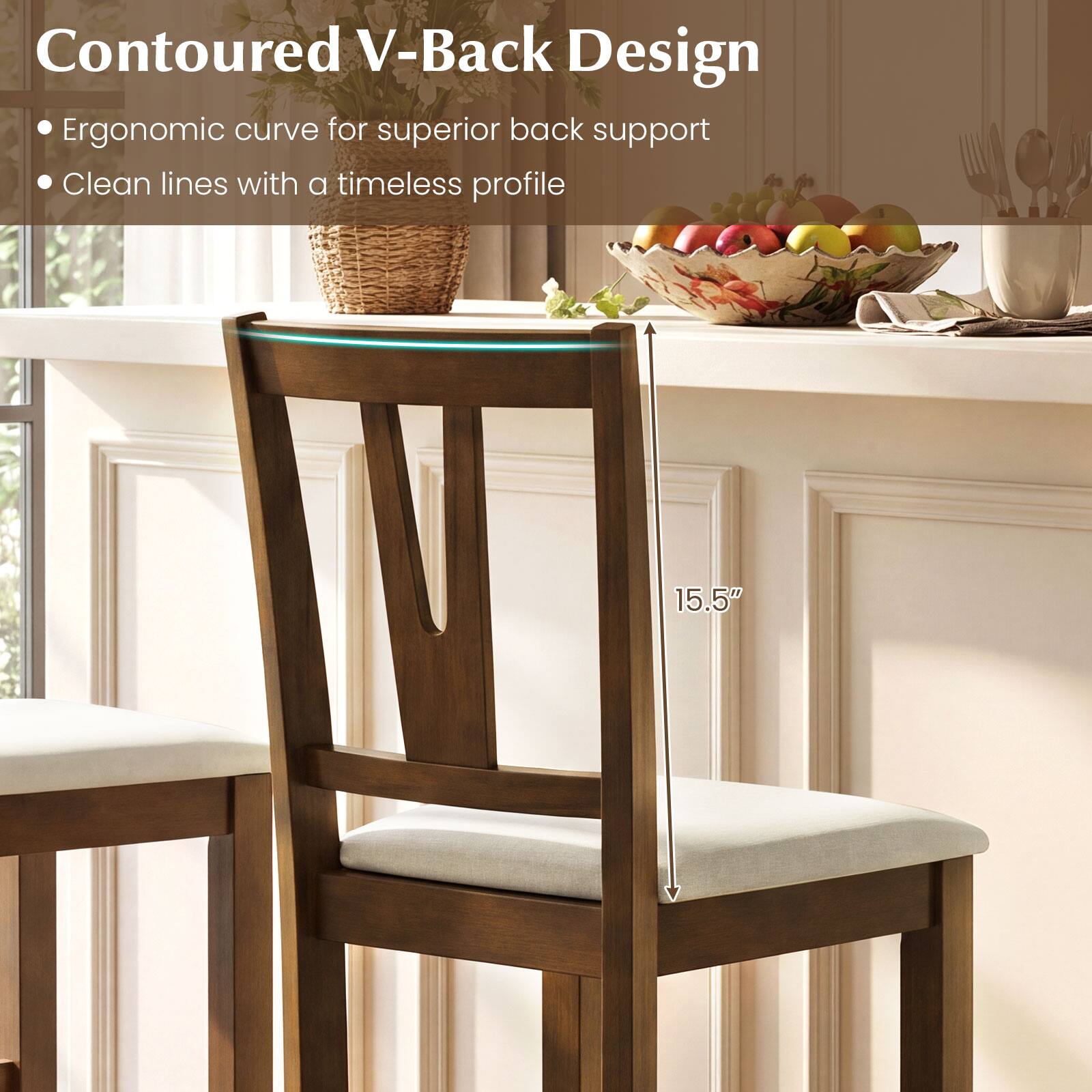 Contoured V-Back Design  
Ergonomic curve for superior back support  
Clean lines with a timeless profile  
15.5"