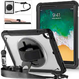 Dteck - Rugged Case for Apple iPad (6th Generation) 9.7" 2018 Built-in Screen Protector, Shockproof Kickstand Cover with Strap - Black