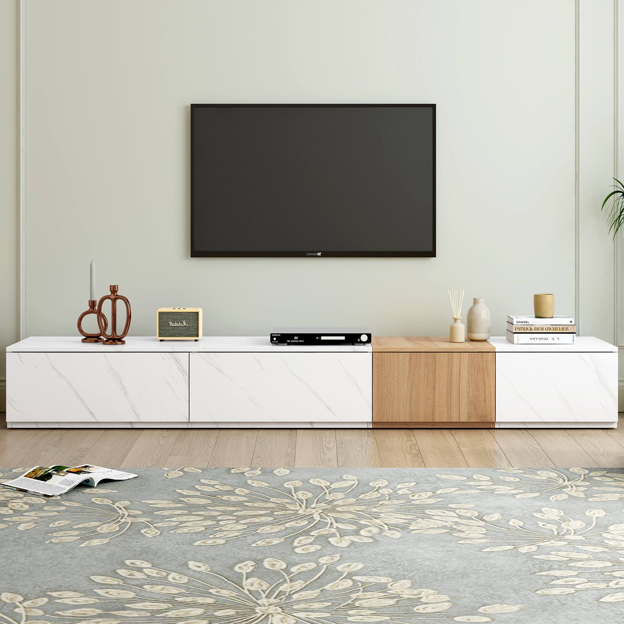 Spaco - Faux Marble TV Stand for 88" TVs, Walnut Wood Grain, 4 Storage Drawers, Modern Combination for Living Room - White