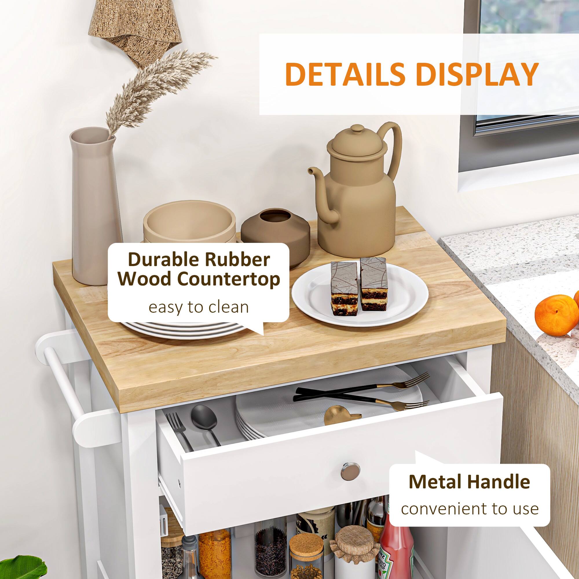 DETAILS DISPLAY
Durable Rubber Wood Countertop easy to clean
Metal Handle convenient to use