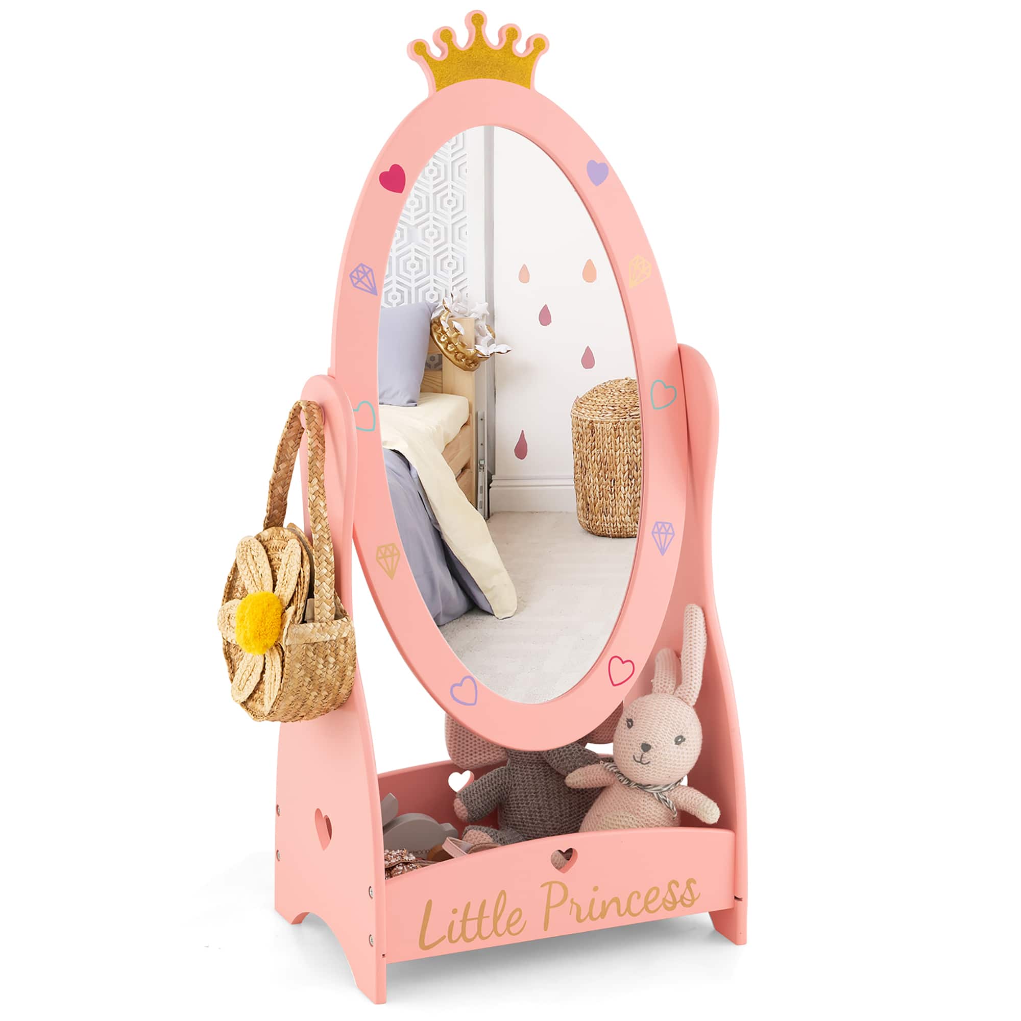 Costway - Kids Full Length Mirror Free-Standing 360° Dressing Wooden Princess Storage - Pink