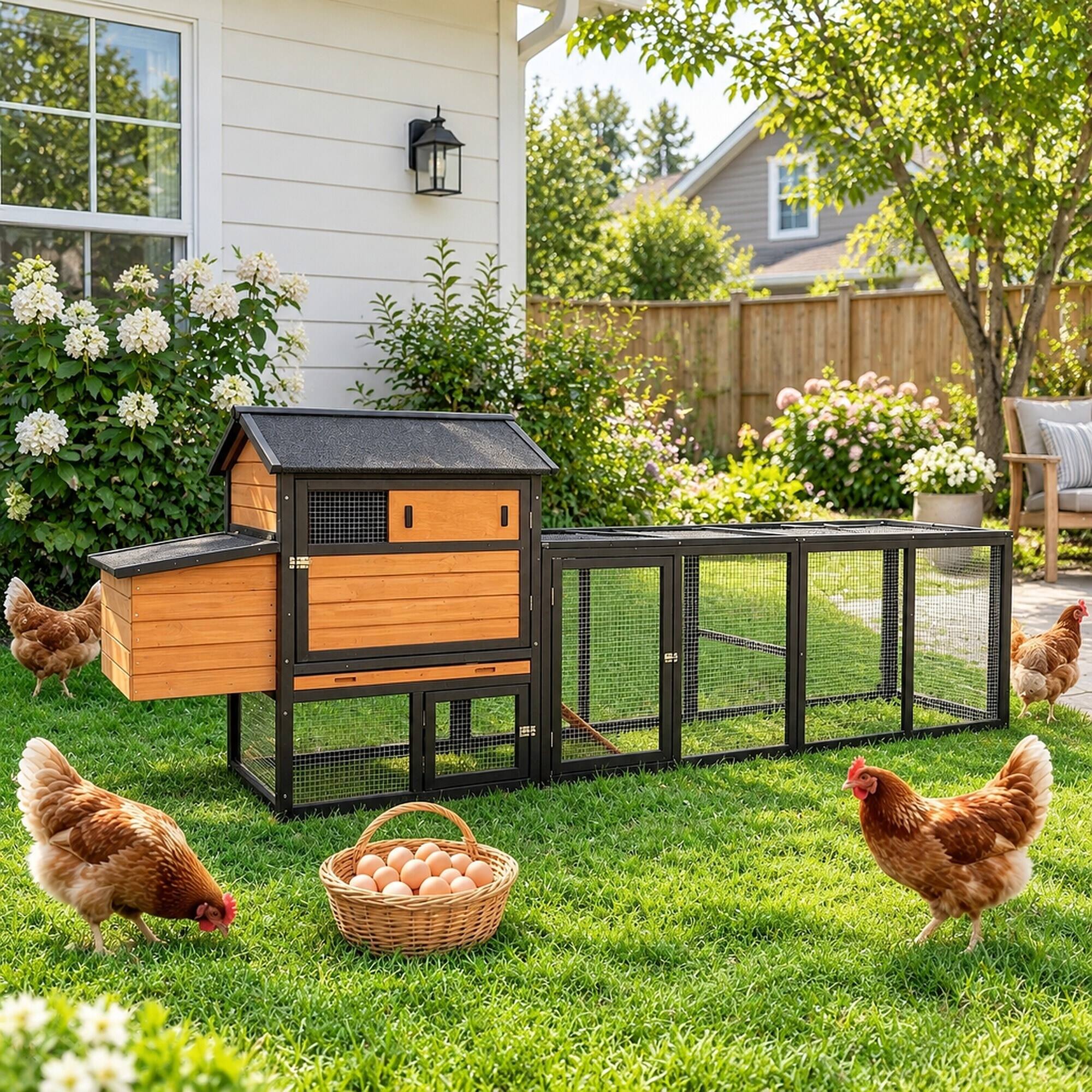Back. RYHNUYNE - Wooden Chicken Coop, Large Outdoor Hen House, Nesting Box, Waterproof Anti-UV Roof, Backyard.