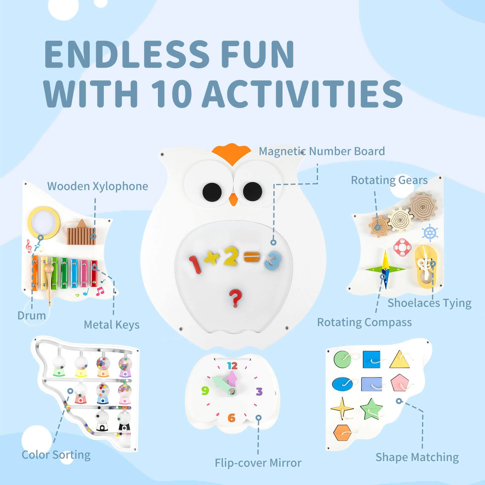 ENDLESS FUN WITH 10 ACTIVITIES

- Magnetic Number Board
- Wooden Xylophone
- Rotating Gears
- Drum
- Metal Keys
- Shoelaces Tying
- Rotating Compass
- Color Sorting
- Flip-cover Mirror
- Shape Matching