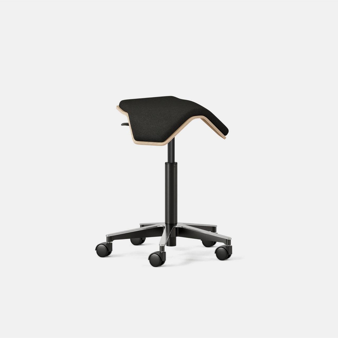 Left. Branch Furniture - Branch Saddle Chair Plus – Rolling Ergonomic Stool for Healthy Posture with Birch Frame and Recycled Seat Fabric" - Black / Wood.