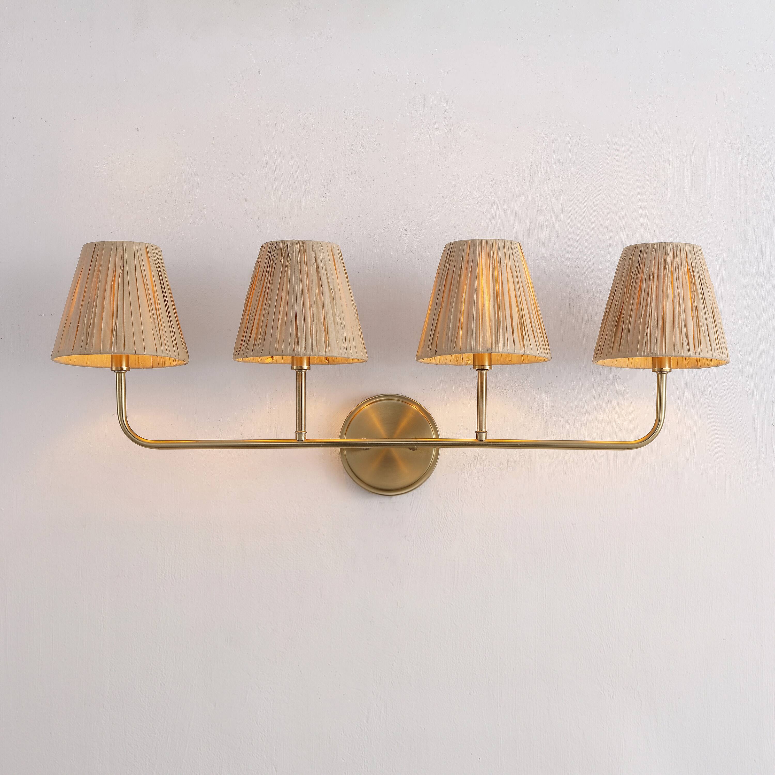 Alt View 1. Jonathan Y - Malaya 31.5" 4-Light Bohemian Coastal Metal Pleated Paper Shade LED Vanity Light, Beige/Brass Gold - Brass Gold/Beige.