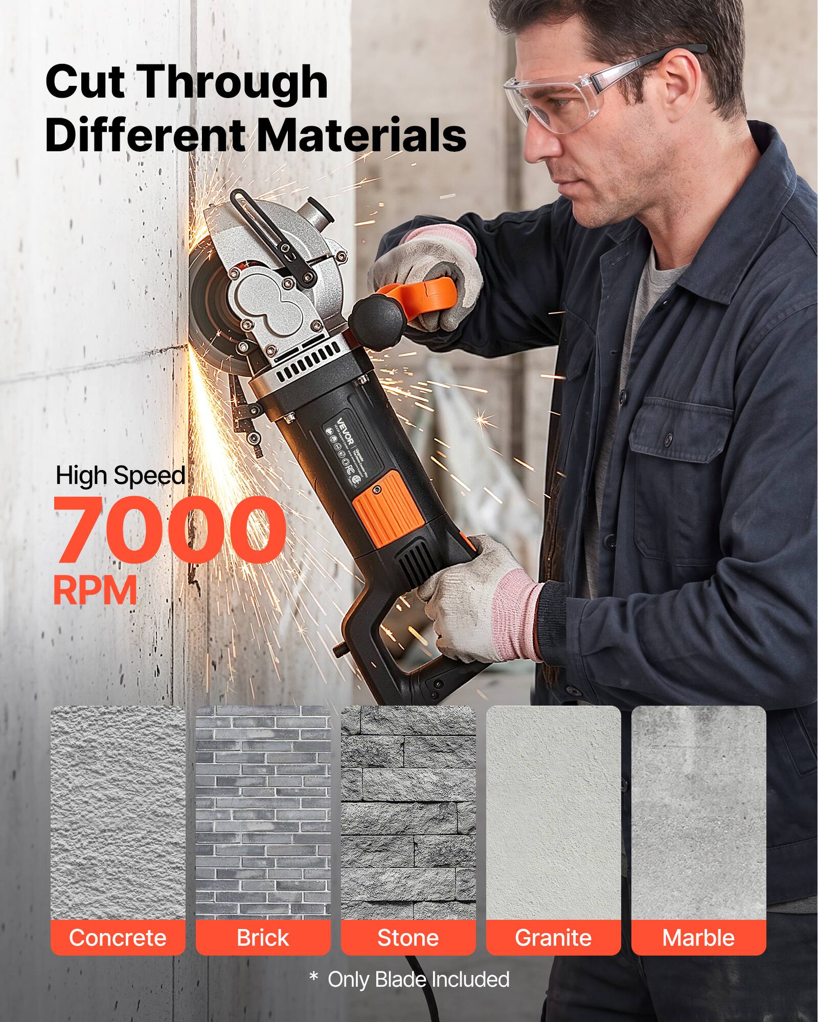 Cut Through Different Materials

High Speed 7000 RPM

Concrete Brick Stone Granite Marble

* Blade Included