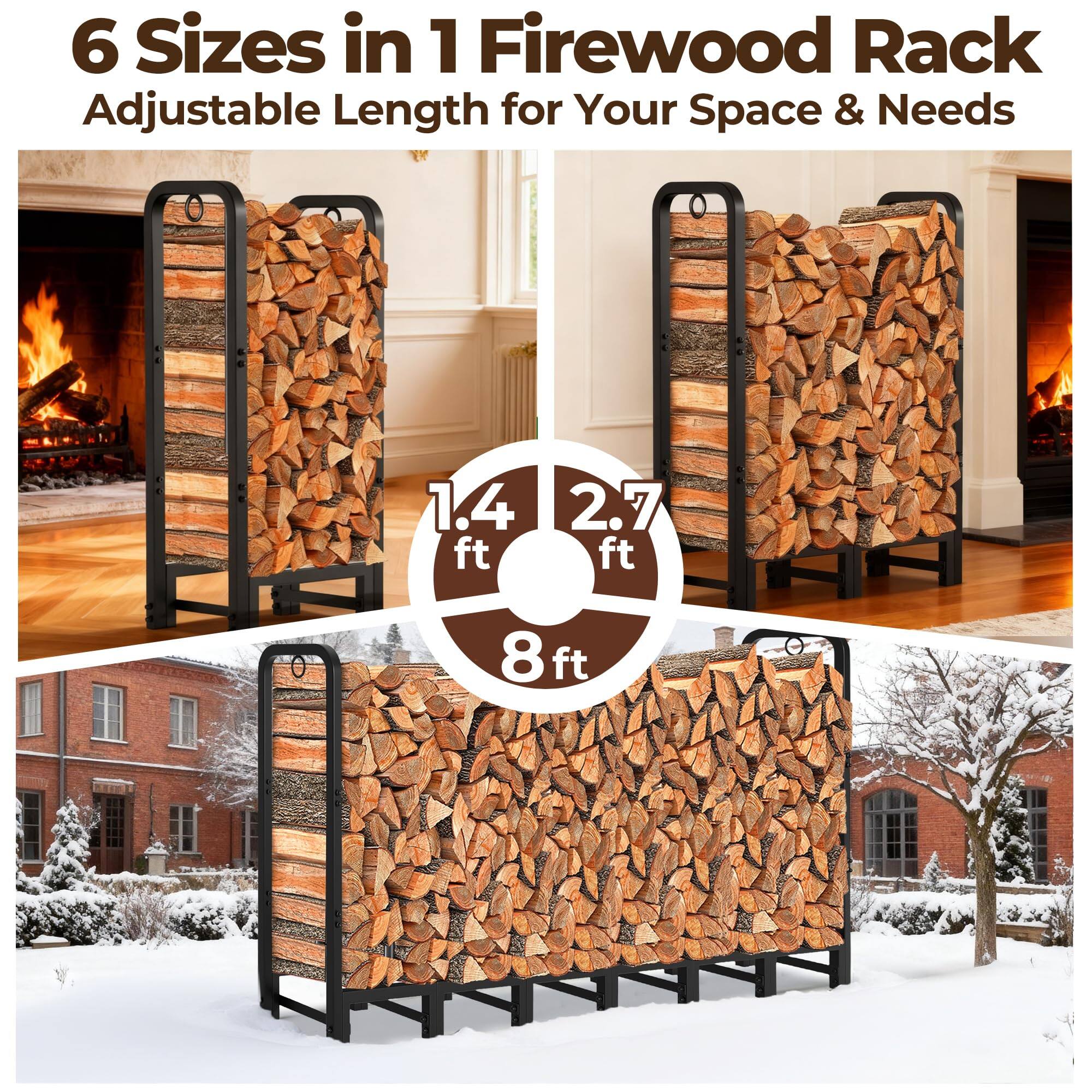 6 Sizes in 1 Firewood Rack  
Adjustable Length for Your Space & Needs  

1.4 ft  
2.7 ft  
8 ft