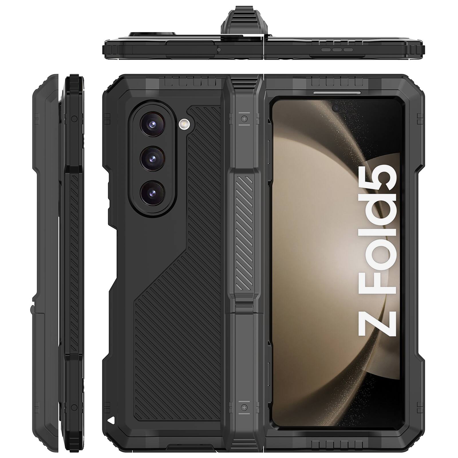 Angle. Dteck - for Samsung Galaxy Z Fold 5 Case with S Pen Holder,Heavy Duty Metal Rubber Hybrid Shockproof Case with Hinge Protection - Black.