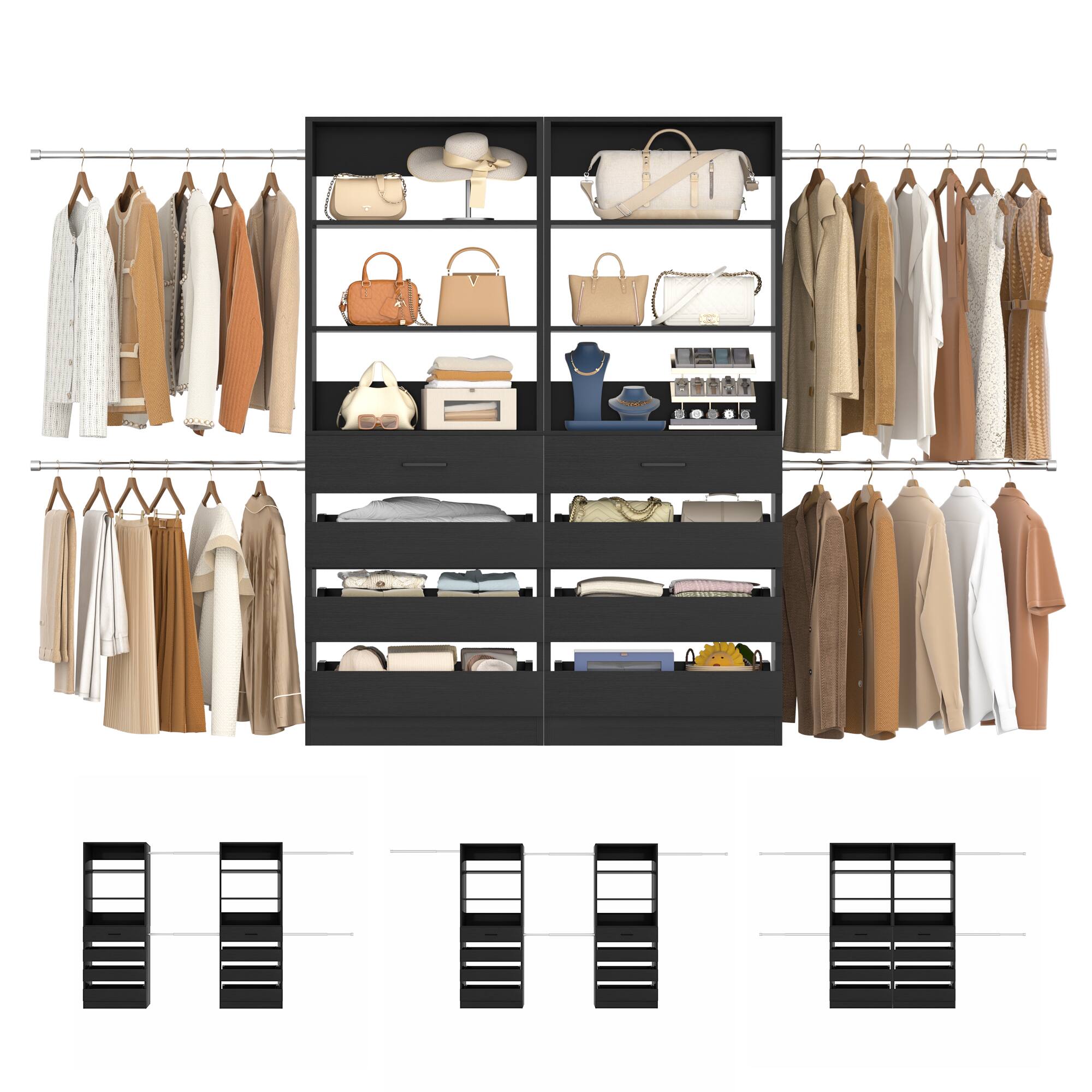 Left. Aheaplus - 6-15Ft Wood Walk-in Closet Organizer: 8 Drawers, 4 Hanging Rods & Tower - Black.