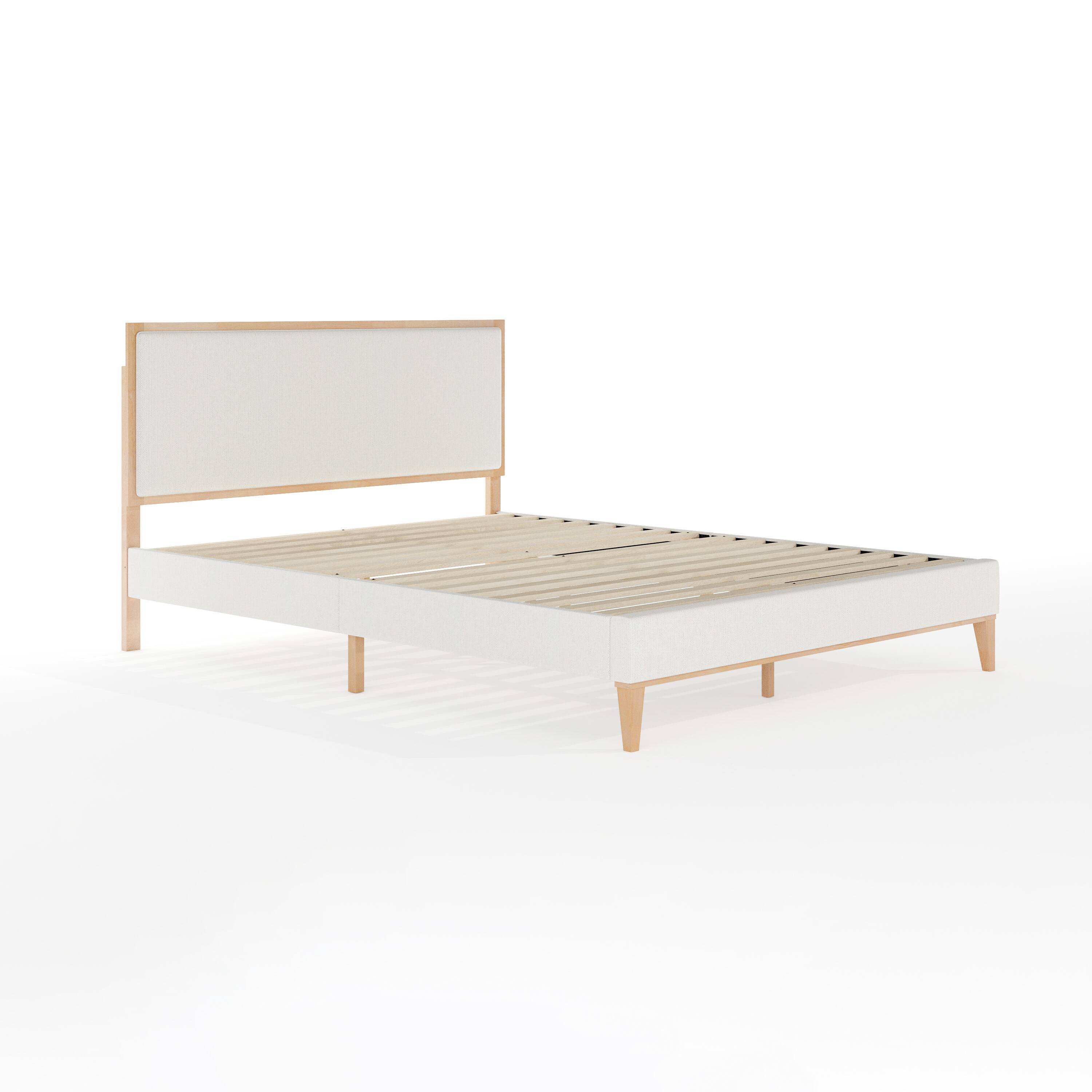 Alt View 1. Martha Stewart - Flynn Solid Wood Platform Bed with Upholstered Base and Inset Headboard, Wood Slat Bottom, No Box Spring Needed - Snow Fabric/Light Beech Frame.