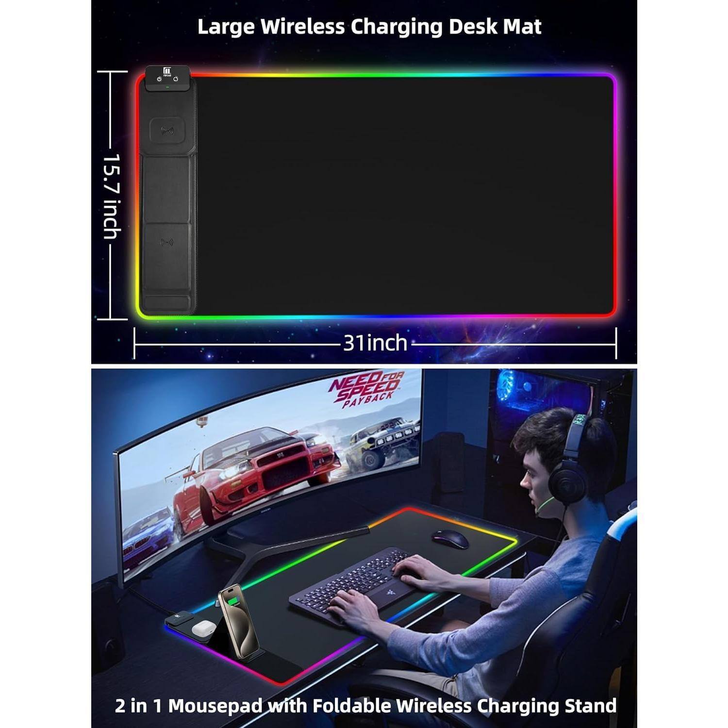 Large Wireless Charging Desk Mat  
15.7 inch x 31 inch  

2 in 1 Mousepad with Foldable Wireless Charging Stand