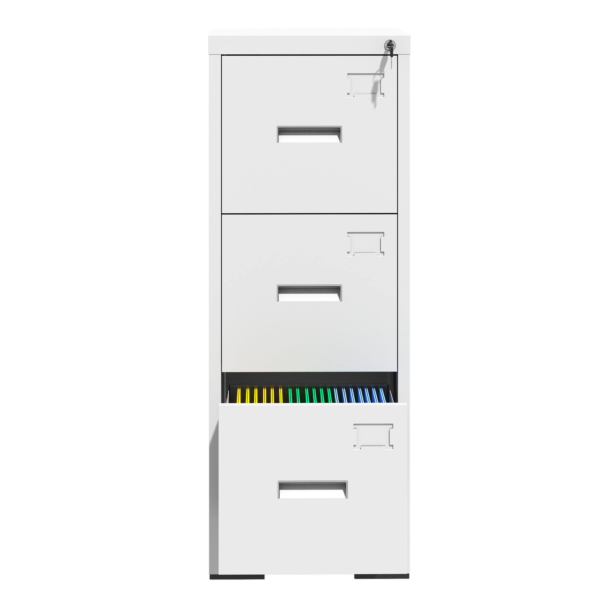 Angle. Mirfee - 3-Drawer Locking File Cabinet, Metal Vertical Organizer for A4/Legal/Letter Files - White.