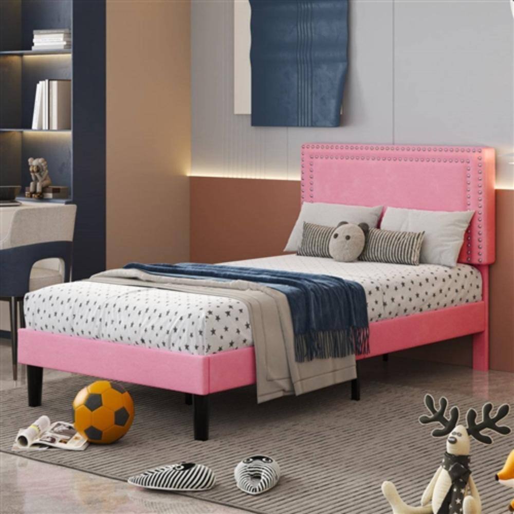 Back. Hivvago - Set of 2 - Twin size Pink Upholstered Platform Bed with Nailhead Trim Headboard - Pink.