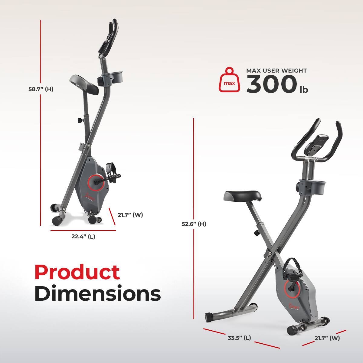 Product Dimensions: 58.7" (H), 52.6" (H), 22.4" (L), 33.5" (L), 21.7" (W), 21.7" (W), MAX USER WEIGHT: max 300 lb