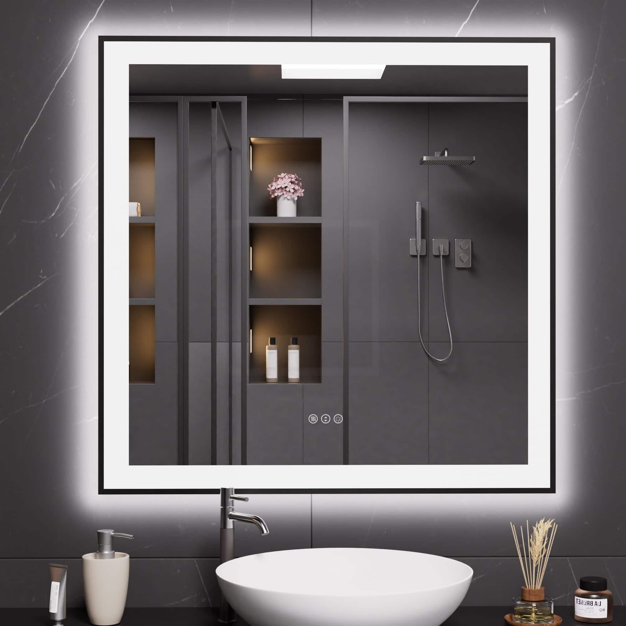 Earthley Blooms - 20"x28" Led Bathroom Mirror Framed Anti-fog Dimmable Lighted Vanity For Wall Memory Function Tempered Glass - Led Bathroom Mirror Black Framed(3 Light Modes)-4