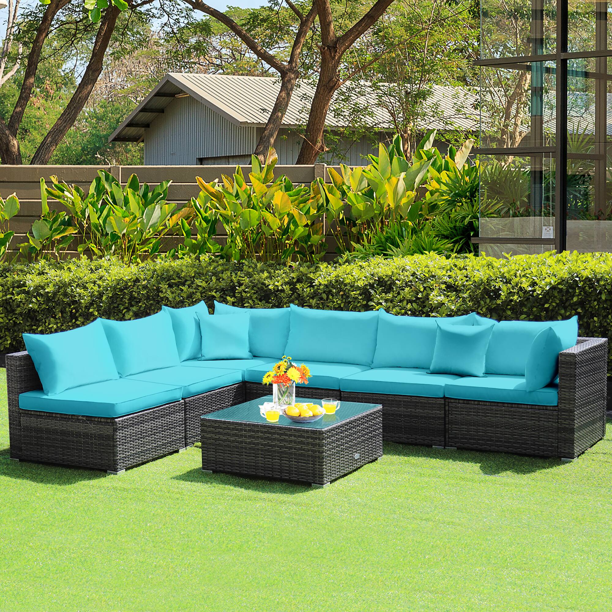 Alt View 3. Costway - 7PCS Patio Rattan Furniture Set Sectional Sofa Cushioned - Turquoise.