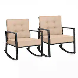 Costway - 2PCS Patio Rattan Rocker Chair Outdoor Glider Rocking Chair Cushion Lawn - Black+Beige