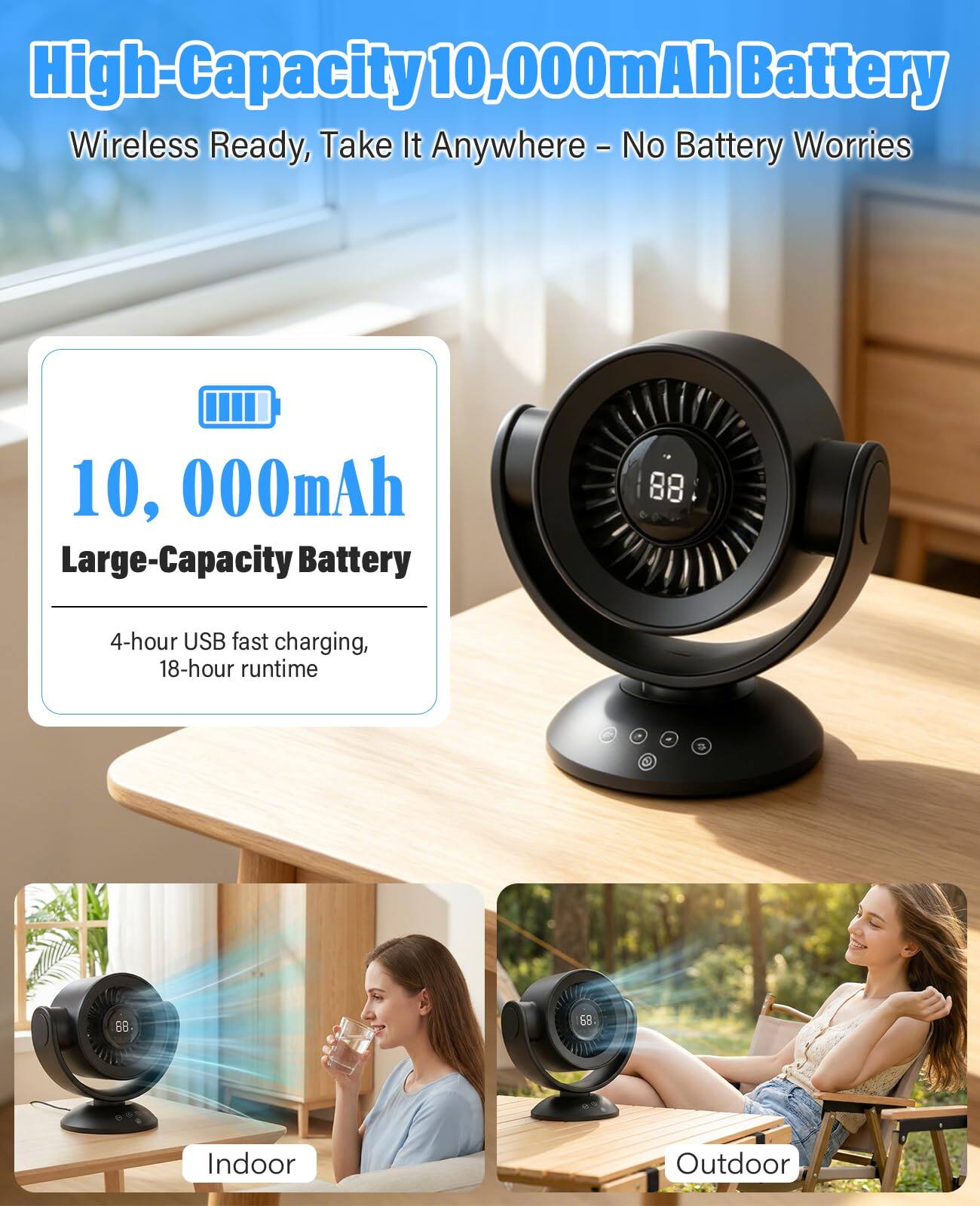 High-Capacity 10,000mAh Battery Wireless Ready, Take It Anywhere - No Battery Worries

10,000mAh Large-Capacity Battery

4-hour USB fast charging, 18-hour runtime

Indoor Outdoor