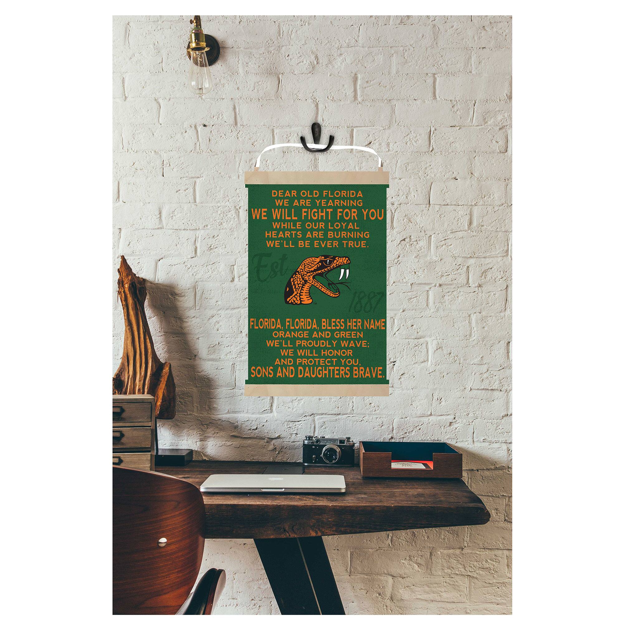 DEAR OLD FLORIDA  
WE ARE YEARNING  
WE WILL FIGHT FOR YOU  
WHILE OUR LOYAL HEARTS ARE BURNING  
WE'LL BE EVER TRUE.  

Est 1887  

FLORIDA, FLORIDA, BLESS HER NAME  
ORANGE AND GREEN  
WE'LL PROUDLY WAVE:  
WE WILL HONOR AND PROTECT YOU,  
SONS AND DAUGHTERS BRAVE.