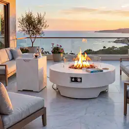 Famapy - 50,000 BTU Outdoor Propane Fire Pit Table with Wind Guard, Tank Hideaway, Cover and Lava Rocks - White
