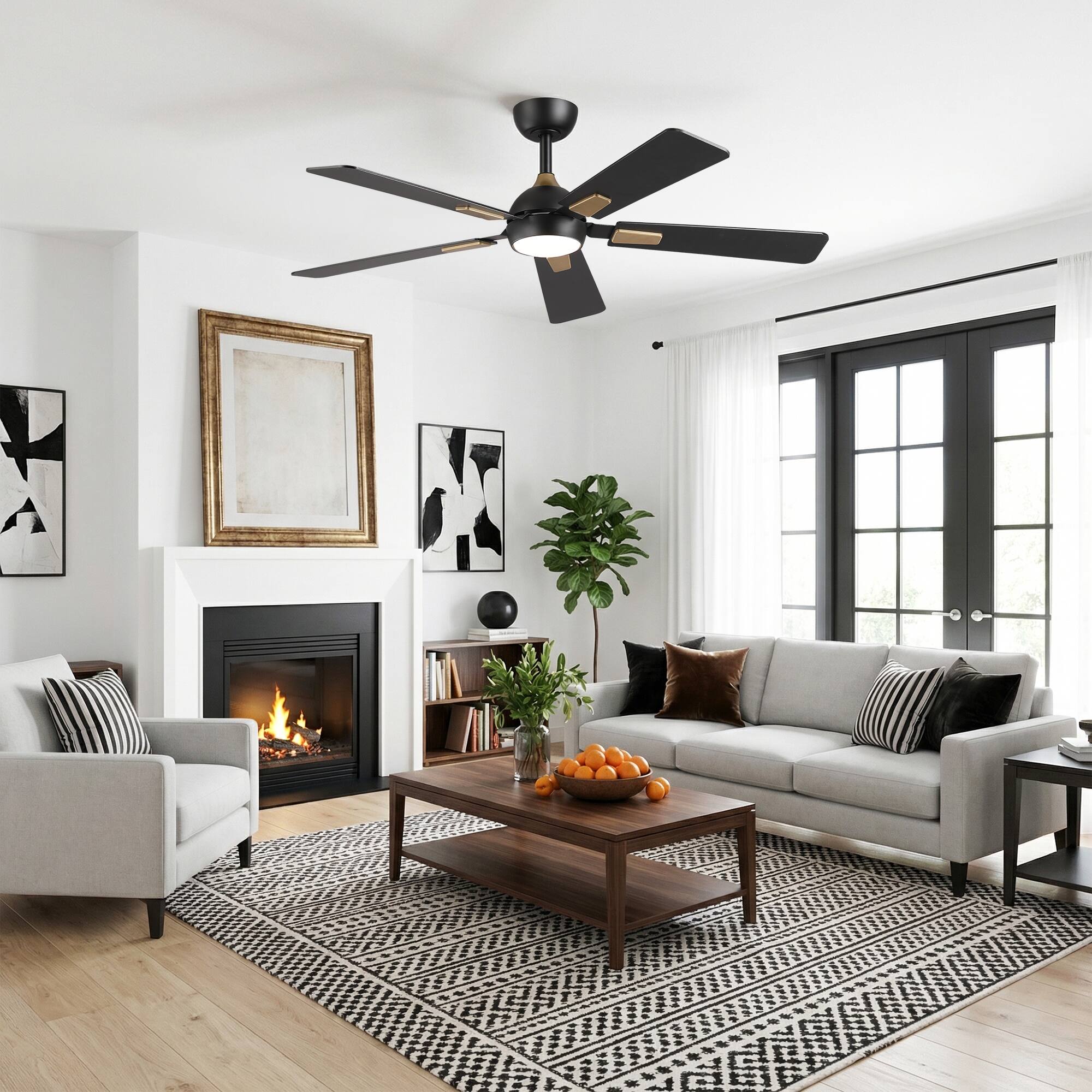 Left. Vaczon - 52 In. Modern Dimmable 3CCT LED Smart Ceiling Fan with Light, Remote and App Control, Double-Sided Blades, 6-Speed - Matte Black.