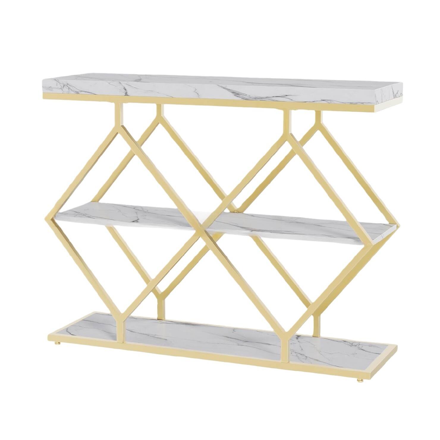 Angle. GARVEE - 3-Tier Entryway Table, Industrial Console Sofa Table with Storage, Accent Table with Open Shelves - Gold Tube AND Marble White.