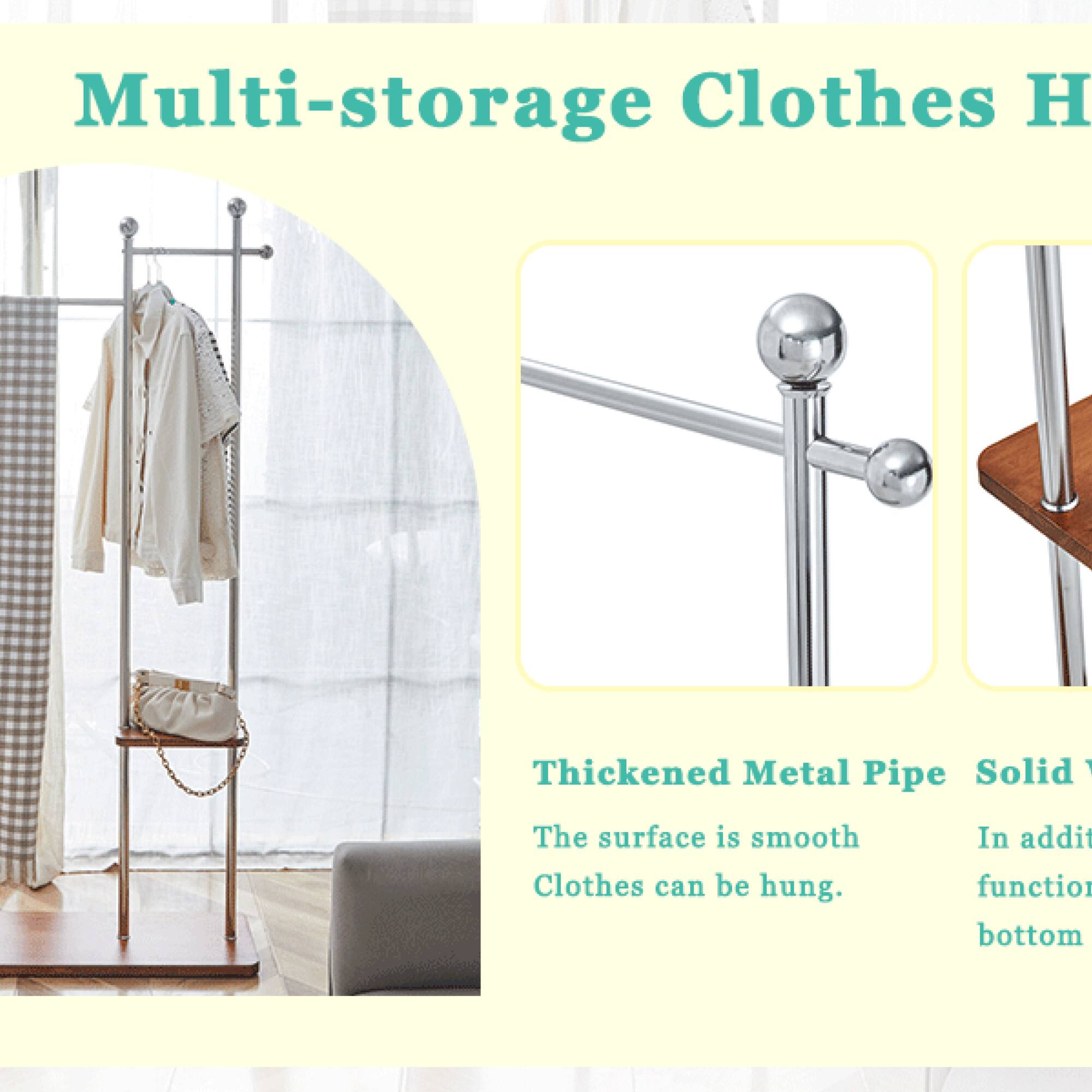 Multi-storage Clothes Hanger

Thickened Metal Pipe
The surface is smooth
Clothes can be hung.

Solid
In addition function bottom