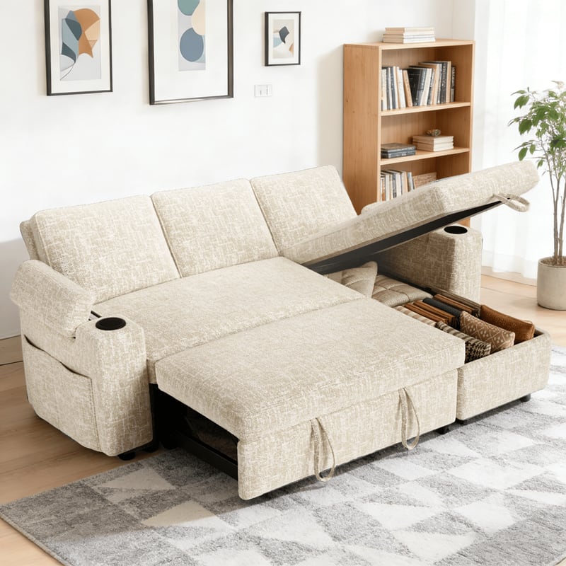 Vipbear - 81" L Shaped Sectional Sleeper Sofa with Pull Out Couch Bed Convertible Couch with Storage Chaise & Armrest Storage - Beige