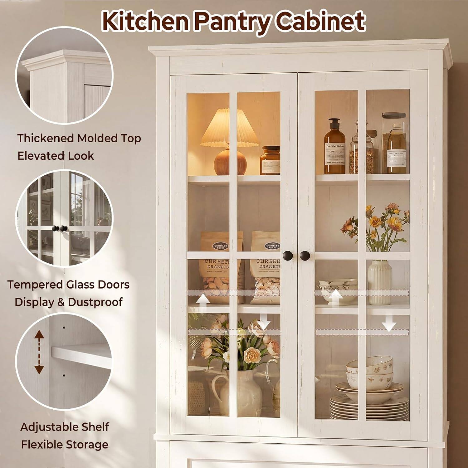 Kitchen Pantry Cabinet Thickened Molded Top Elevated Look | i COOoe ..... CURLED DRANETS CHREEE DRANETI Tempered Glass Doors Display & Dustproof Adjustable Shelf Flexible Storage