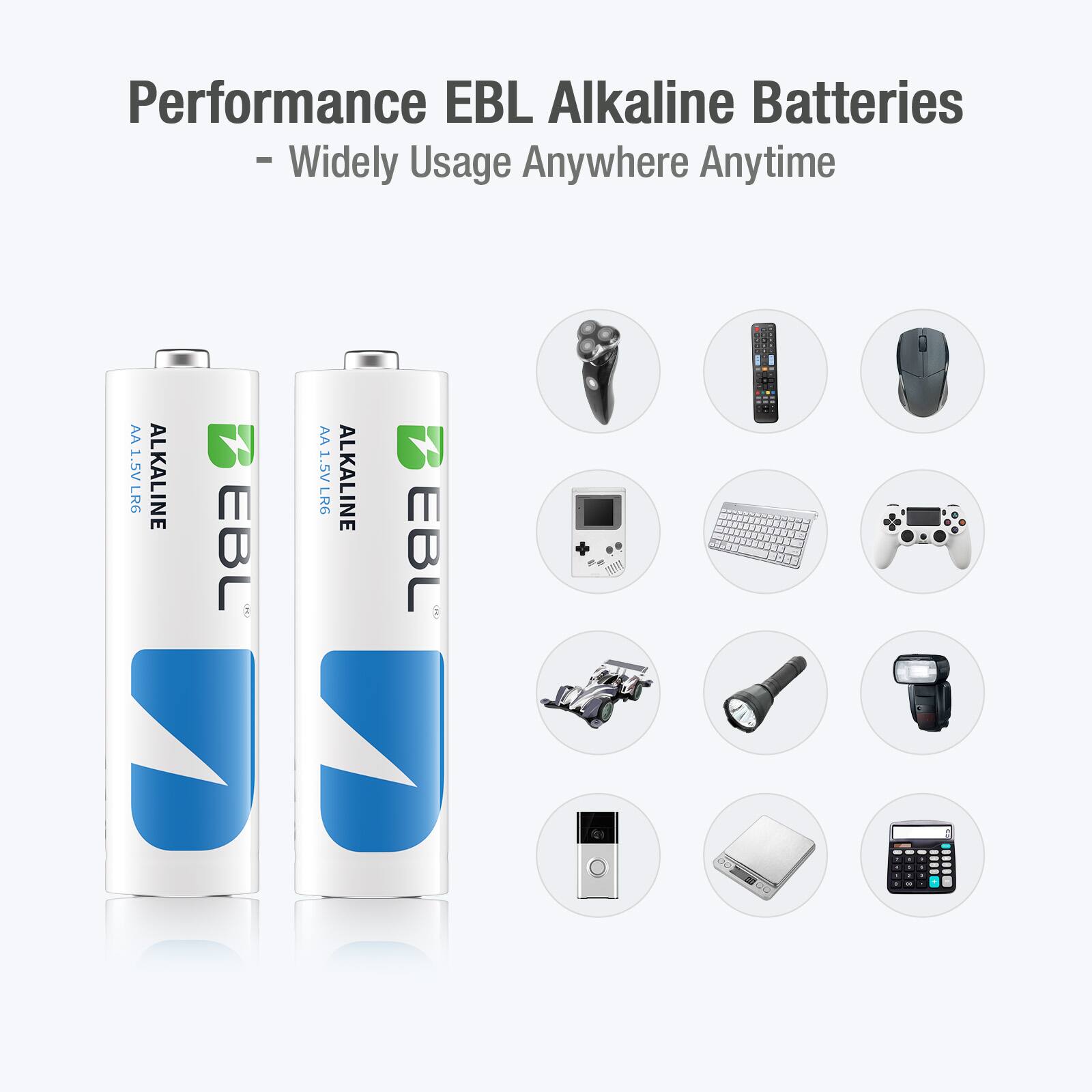 Performance EBL Alkaline Batteries  
- Widely Usage Anywhere Anytime  

AA 1.5V LR6 ALKALINE EBL