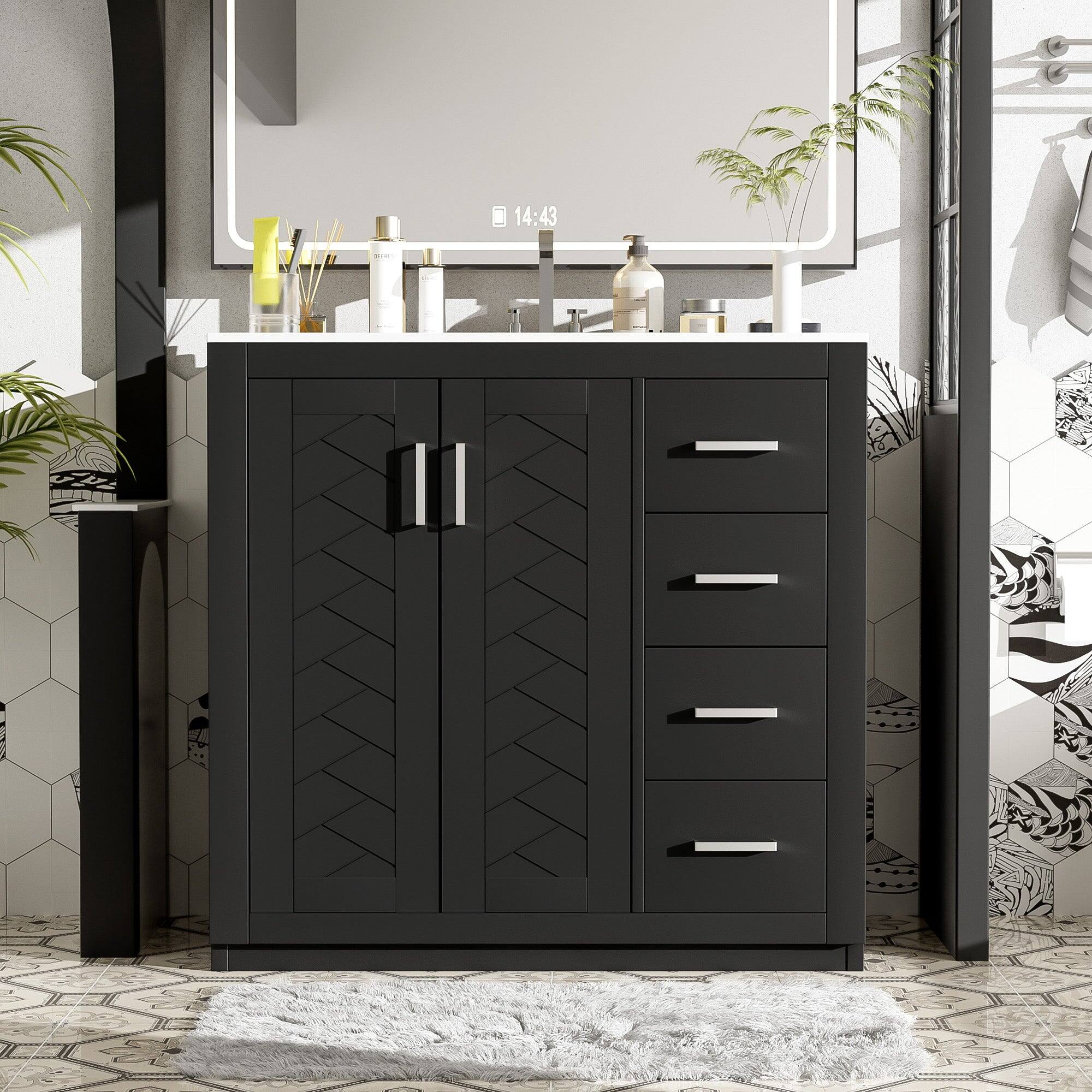 Alt View 4. Boyel Living - 36 Inch Bathroom Vanity with Ceramic Sink Solid Wood Frame Three Drawers Black - Black.