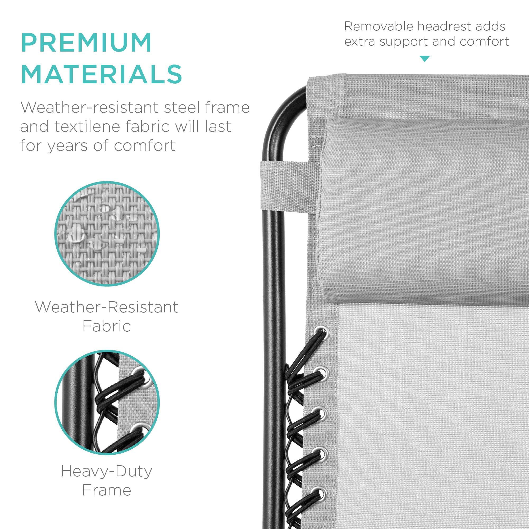 **PREMIUM MATERIALS**

Weather-resistant steel frame and textilene fabric will last for years of comfort

- Weather-Resistant Fabric
- Heavy-Duty Frame

Removable headrest adds extra support and comfort