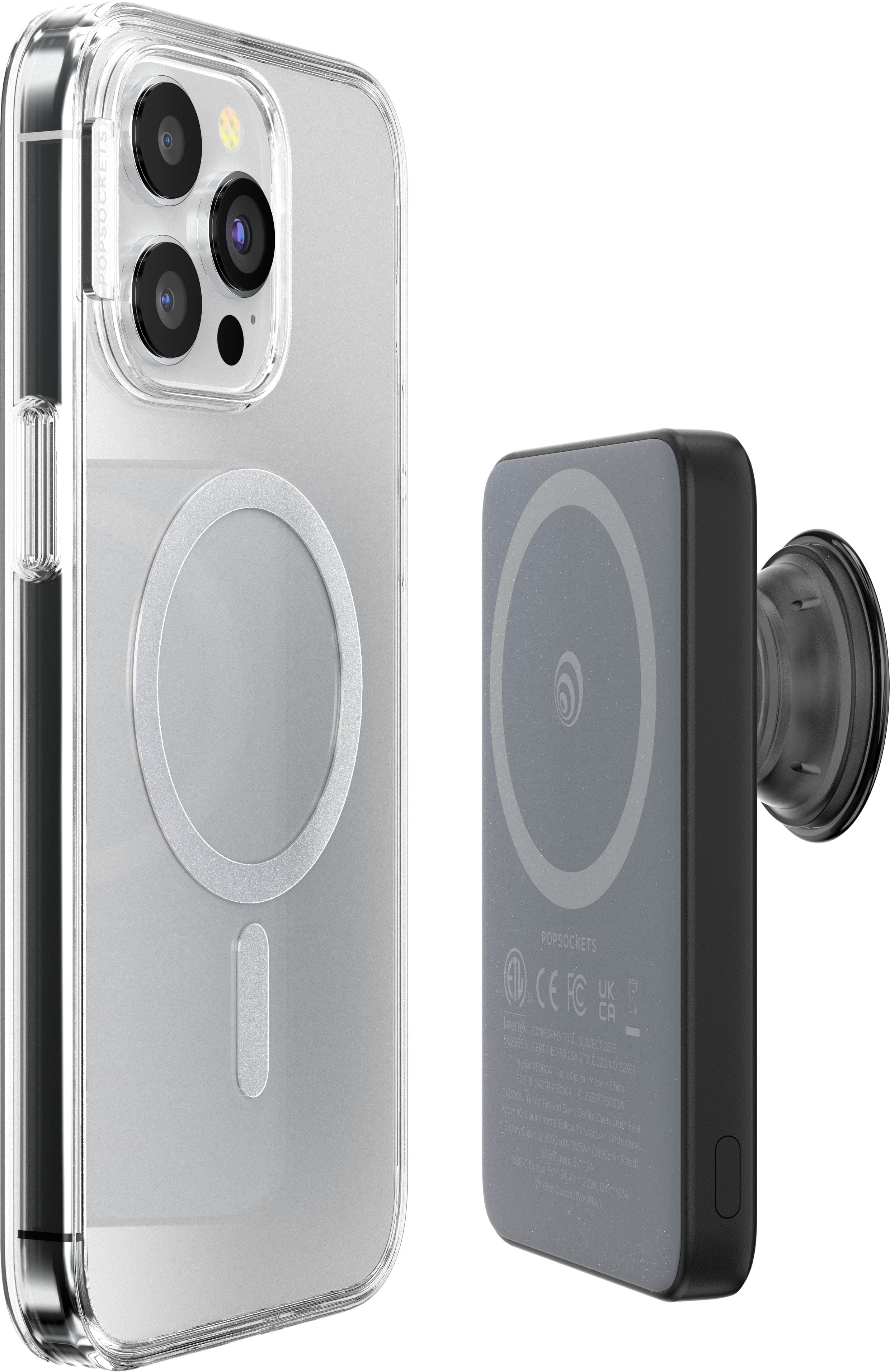 The image features a white cell phone case with a PopSockets branded phone holder attached to it. The case is made of clear plastic, allowing the phone to be visible through the case. The PopSockets phone holder is designed to securely hold the phone in place, making it a convenient and stylish accessory for the phone.