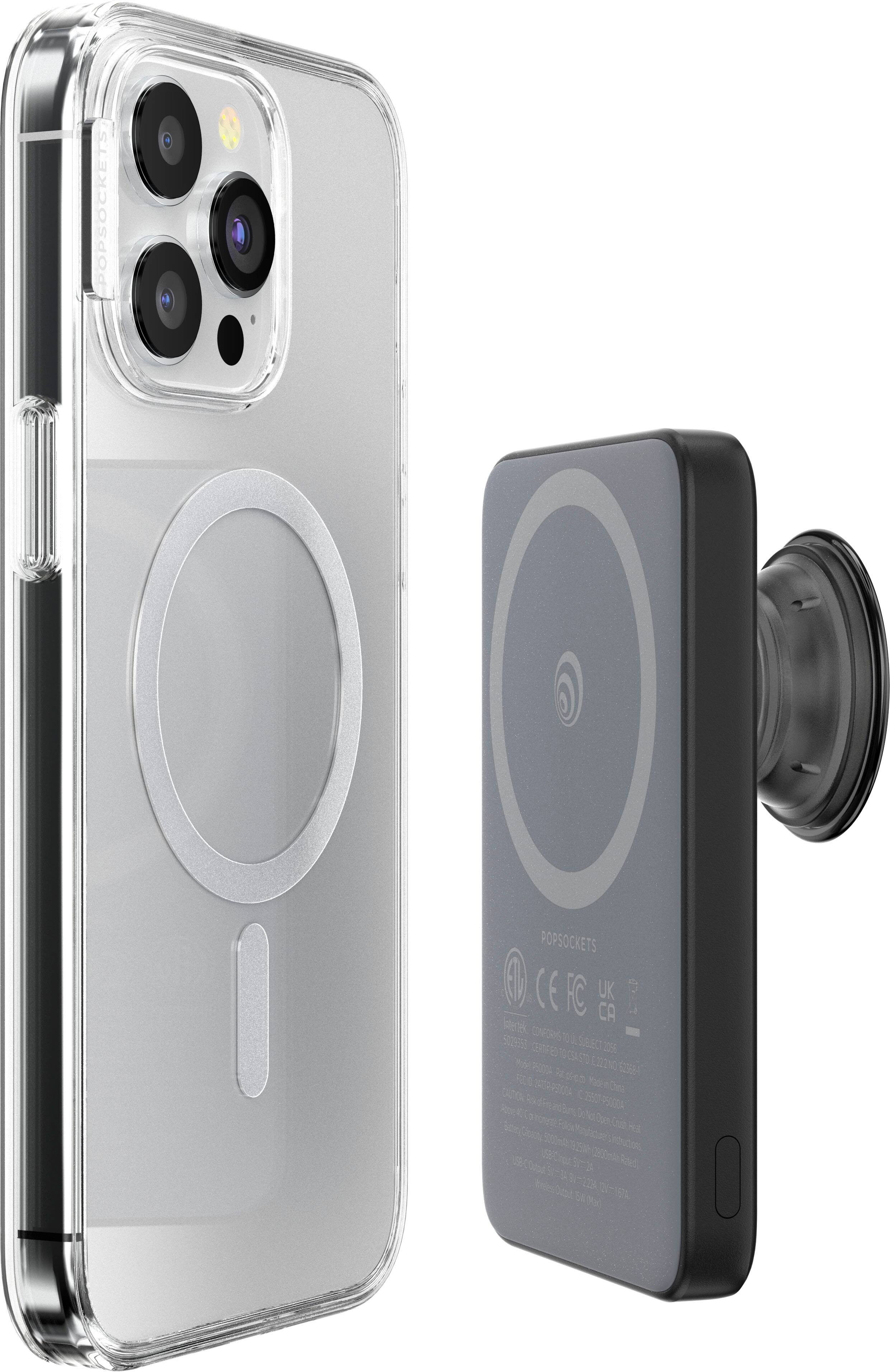 The image features a white cell phone case with a PopSockets branded phone holder attached to it. The case is made of clear plastic, allowing the phone to be visible through the case. The PopSockets phone holder is designed to securely hold the phone in place, making it a convenient and stylish accessory for the phone.