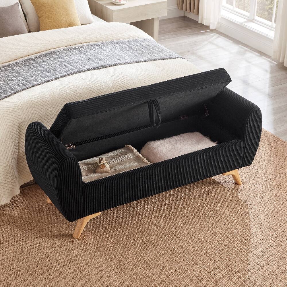 Left. Ropilly - Ropilly 57 Inch Black Corduroy Upholstered Storage Bench with Wood Legs, End of Bed Bench for Bedroom and Entryway - Black.