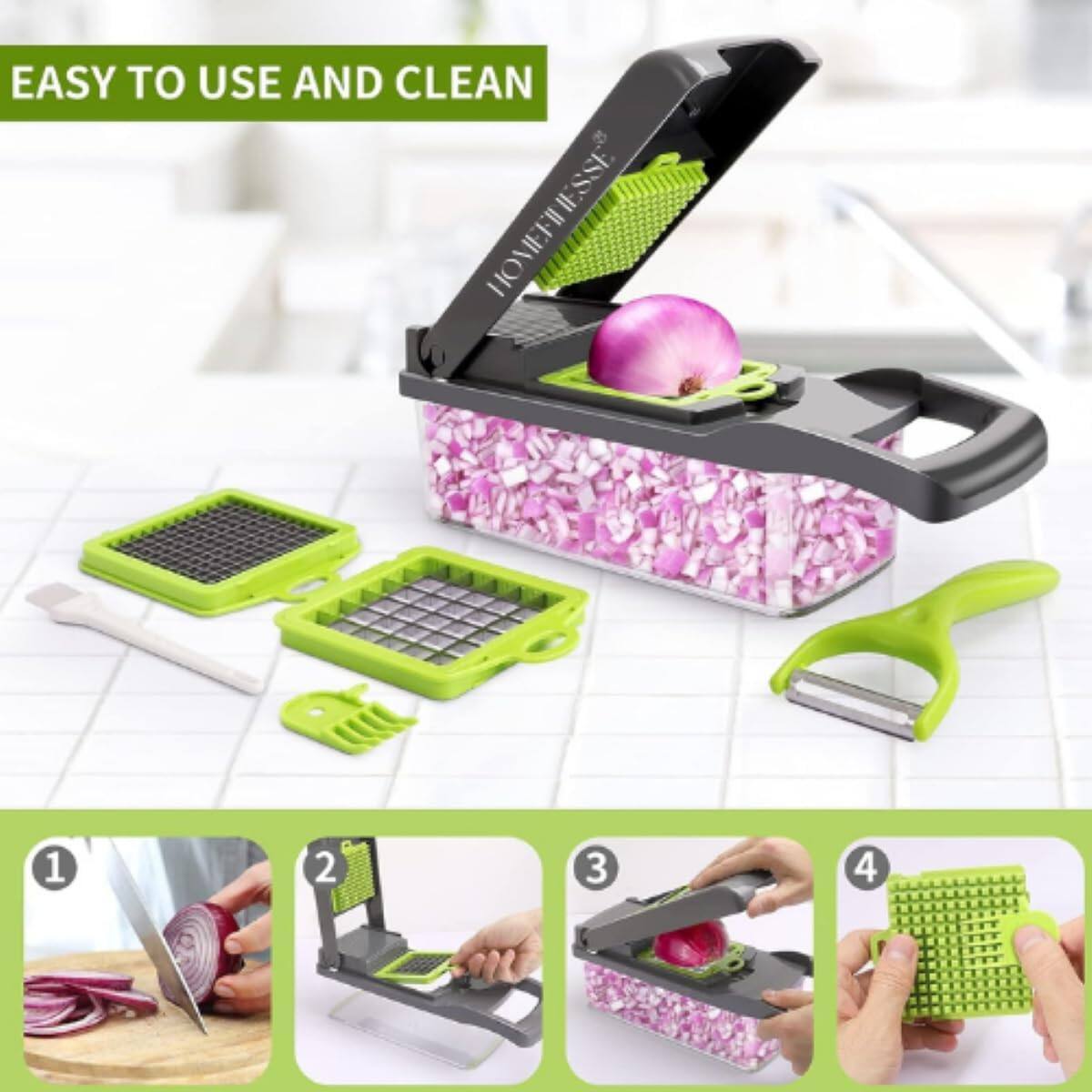 EASY TO USE AND CLEAN

1. Cut the onion into slices.
2. Place the slices into the slicer.
3. Grate the onion.
4. Clean the slicer.