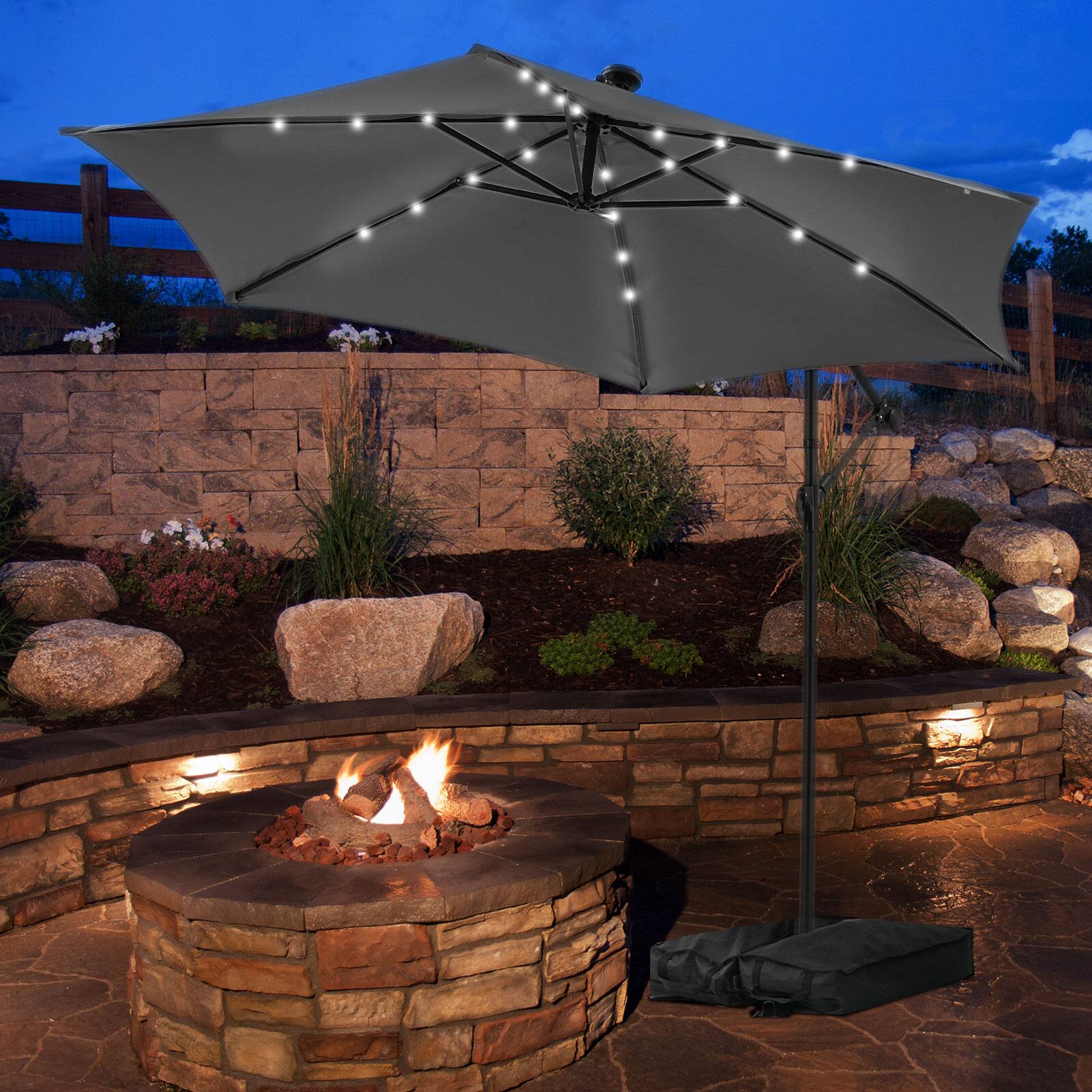 Angle. Ainfox - Ainfox 10FT Solar LED Outdoor Patio Yard Offset Umbrella with Cross Base for Market,Garden,Deck,Backyard,Pool,with light - gray.